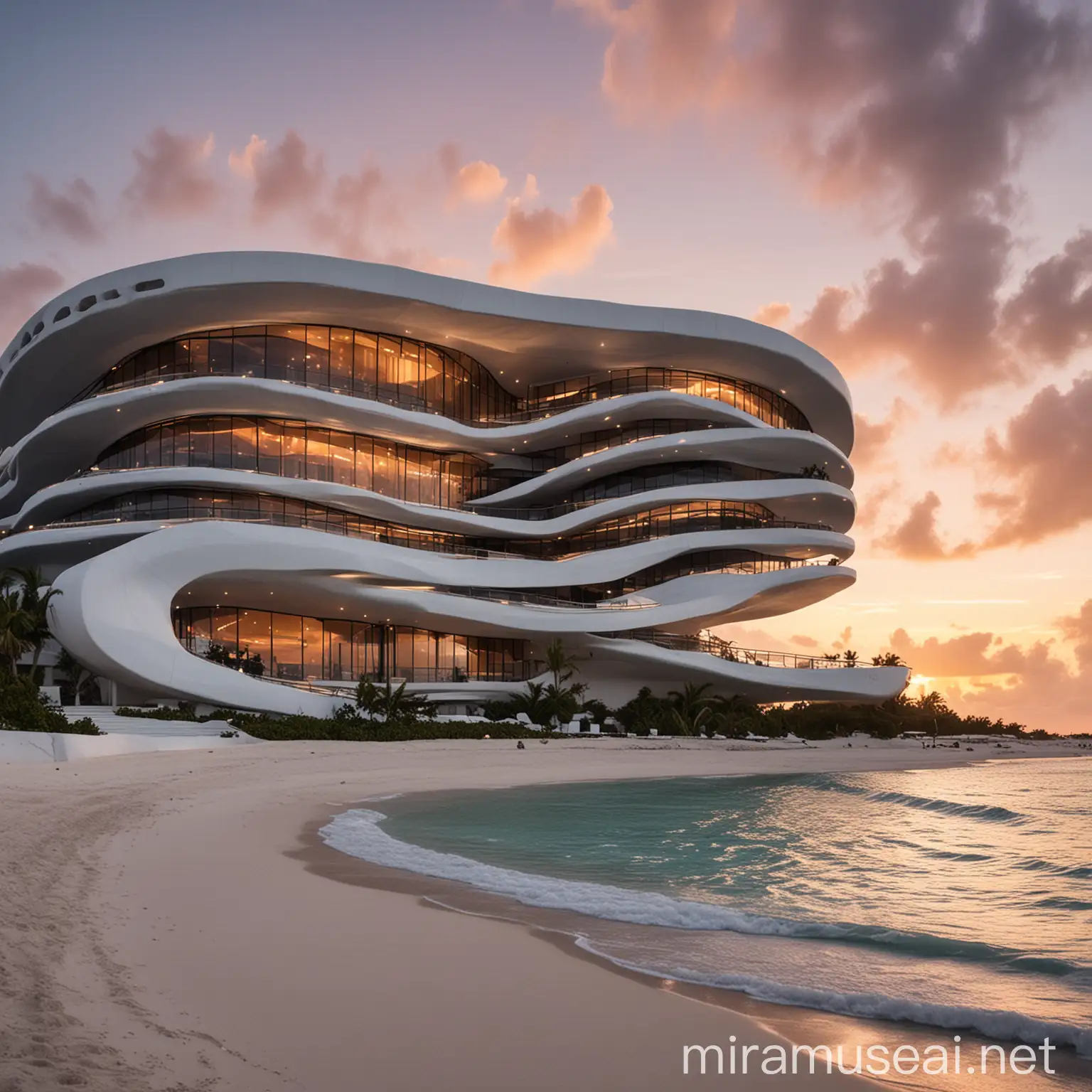 Curvilinear building using Zaha Hadid architecture for a hotel in the Bahamas, over looking a scenic sea front with a beautiful sunset


