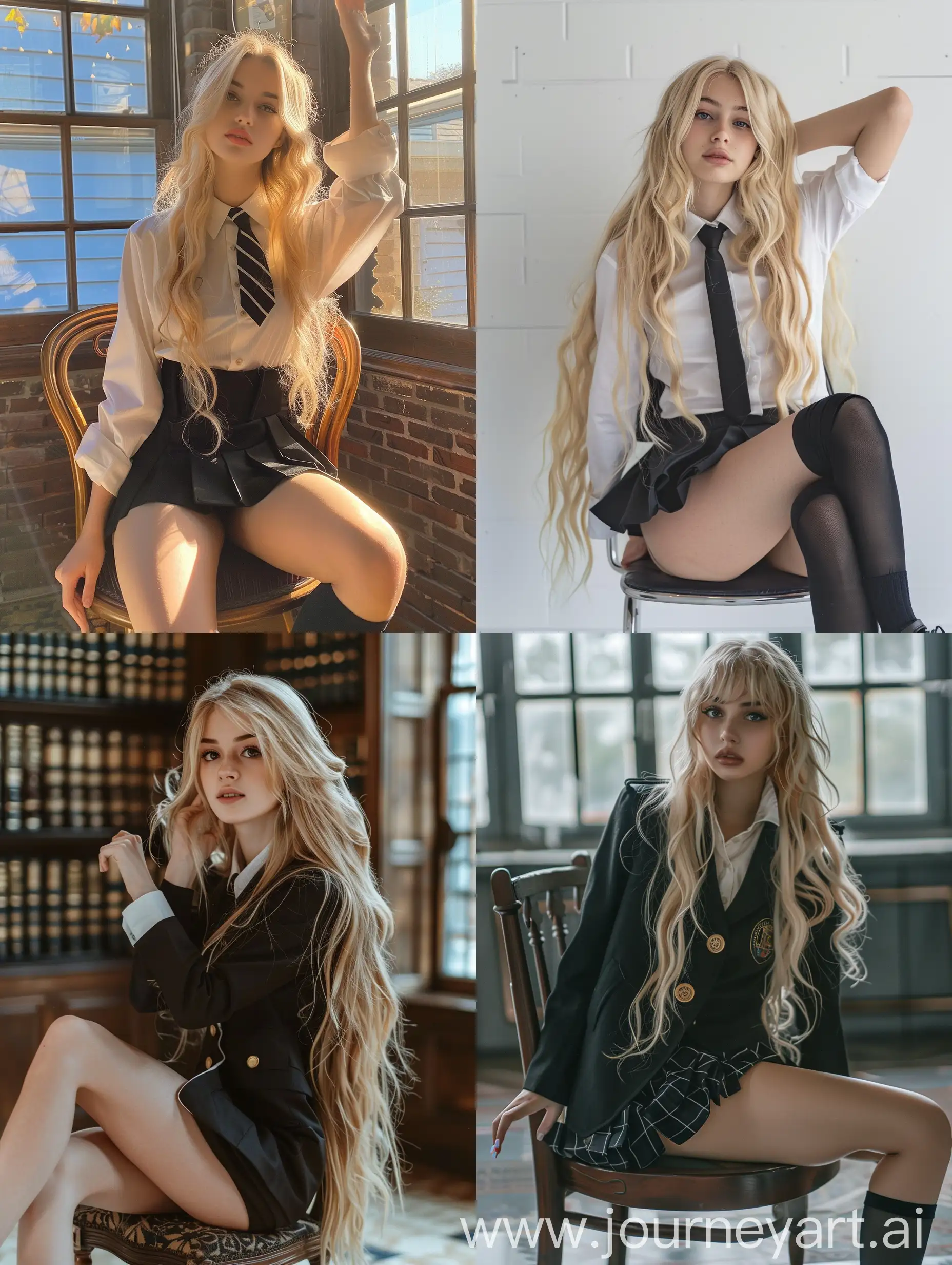1 girl, long blond hair, 18 years old, influencer, beauty,   in the school,  school uniform, makeup, , fullbody, fitness, sitting on chair, raised knee