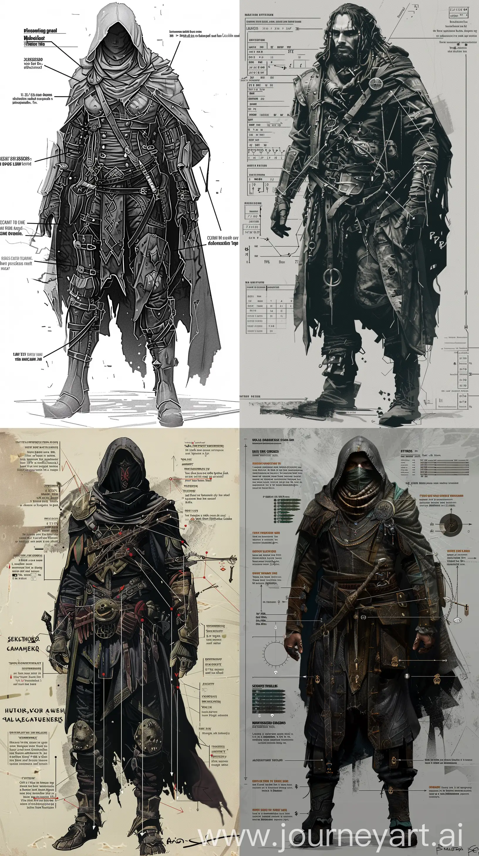  magazine, statistics, lines pointing to clothing and gear, detailed character from a dark, high epic fantasy, lots of details, graphs —ar 9:16