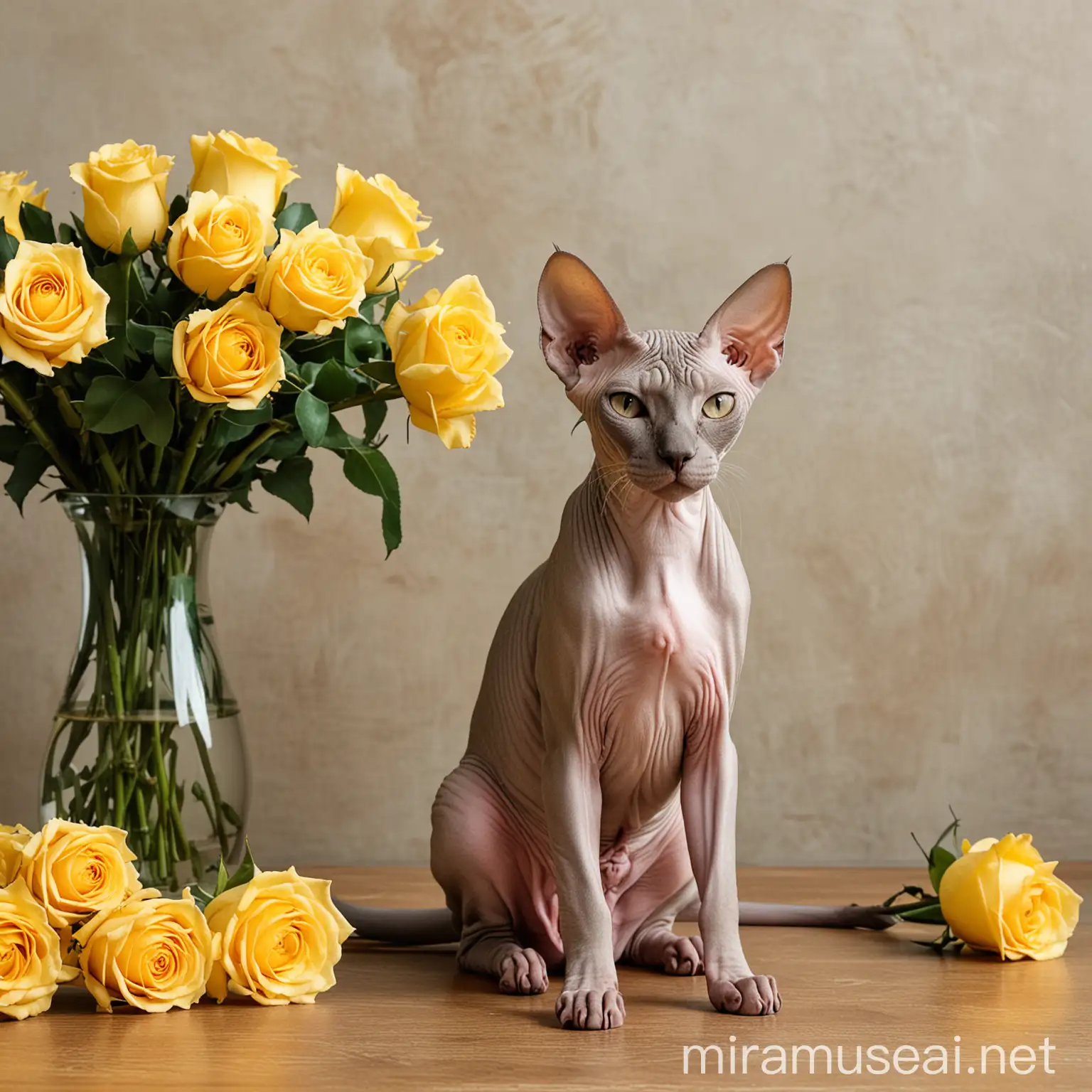 Кот породы сфинкс сидит рядом с вазой с желтыми розами