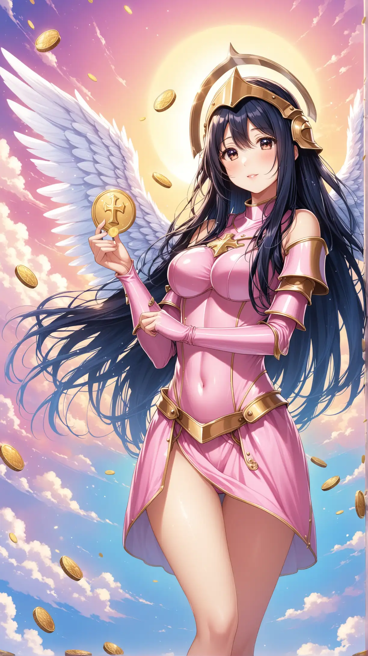 Sexy girl carry coin, wearing only pink knight helmet,  blue angel costume, white wing, black long hair, medium short, heaven background.