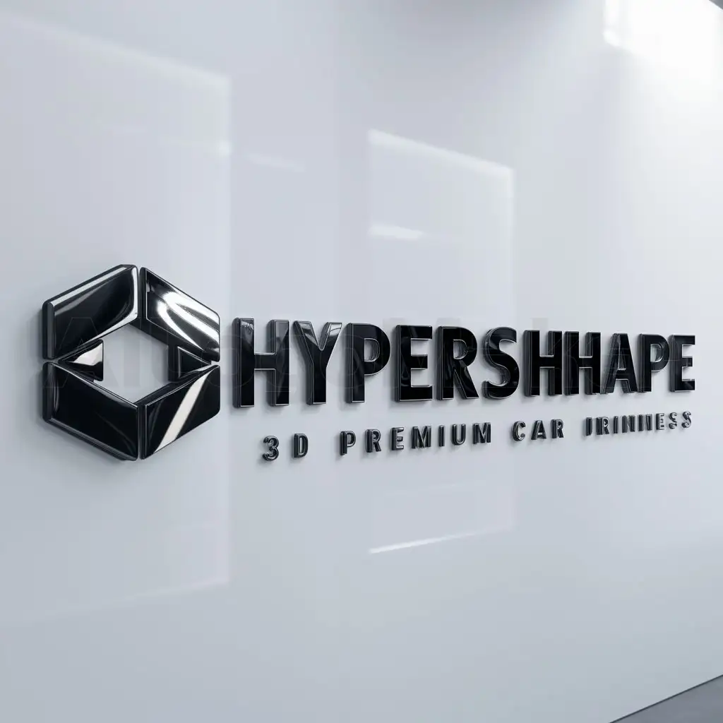 a logo design,with the text "HyperShape", main symbol:Glossy black and white writing. This is for a 3d printing business, have a 3d tesseract as logo,Moderate,be used in PremiumCarCare industry,clear background