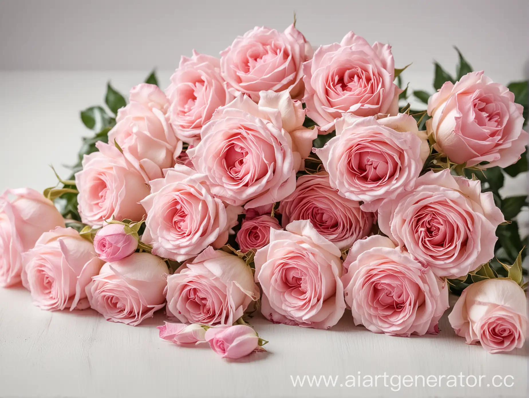 много нежно розовых роз на столе крупным планом справа, а слева размытый белый фон,  фото нежное