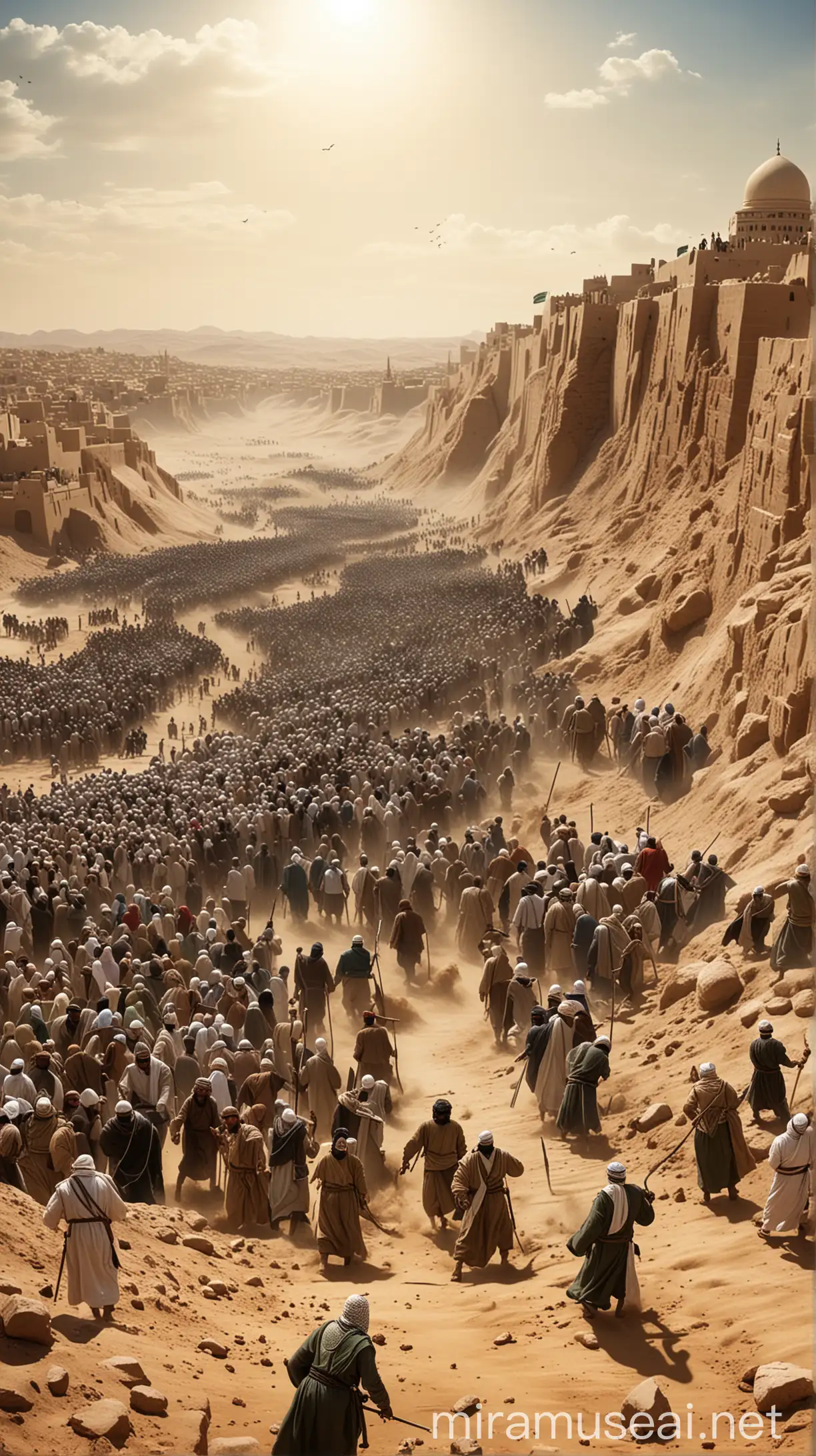 The Battle of the Trench"
Description: A digital illustration depicting the scene of Prophet Muhammad and the Muslims digging a trench around the city of Medina as a defensive strategy. The trench is shown as a prominent feature, with the Quraysh and their allies led by Abu Sufyan approaching in the background. islamic tradition with HD and 4K
