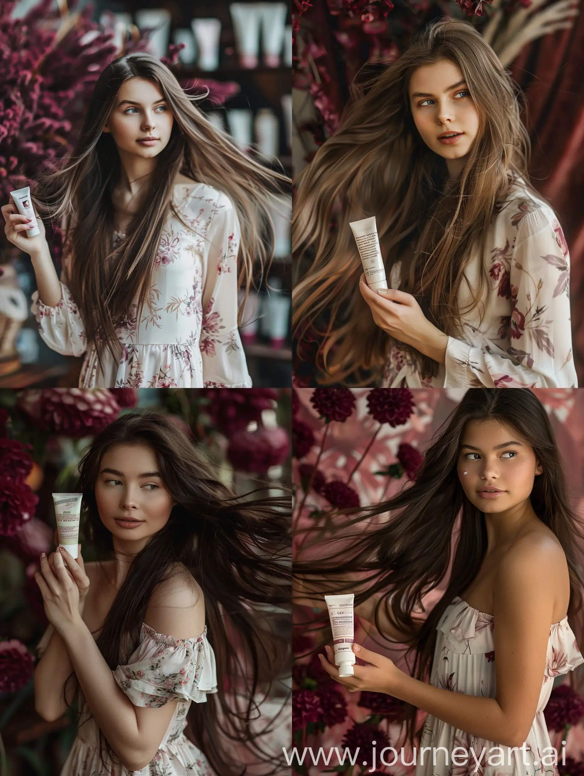 Realistic photo: a beautiful girl with long flowing hair holding a tube of cream in her hand. She is wearing a light floral dress. Maroon flowers are visible in the background.
