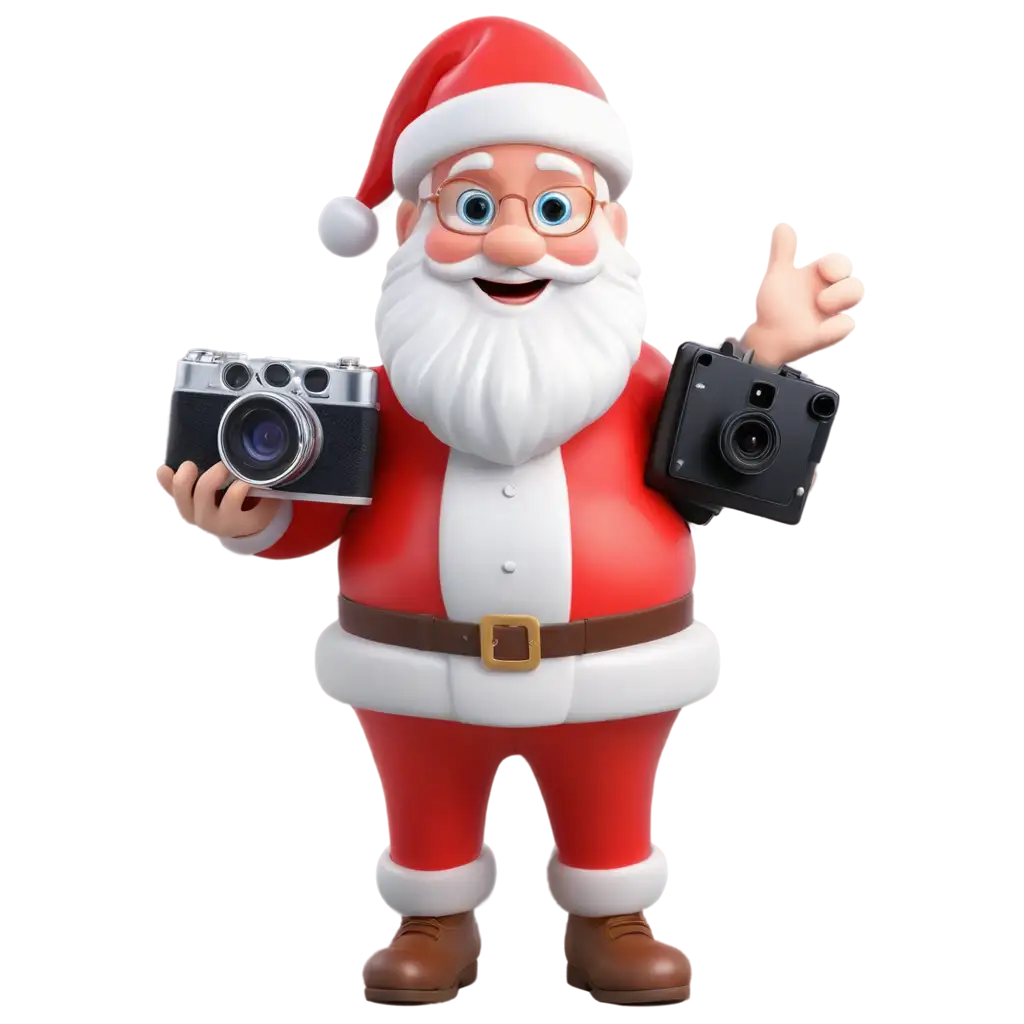 Create a 3D sticker of Santa Claus smiling while holding a camera.