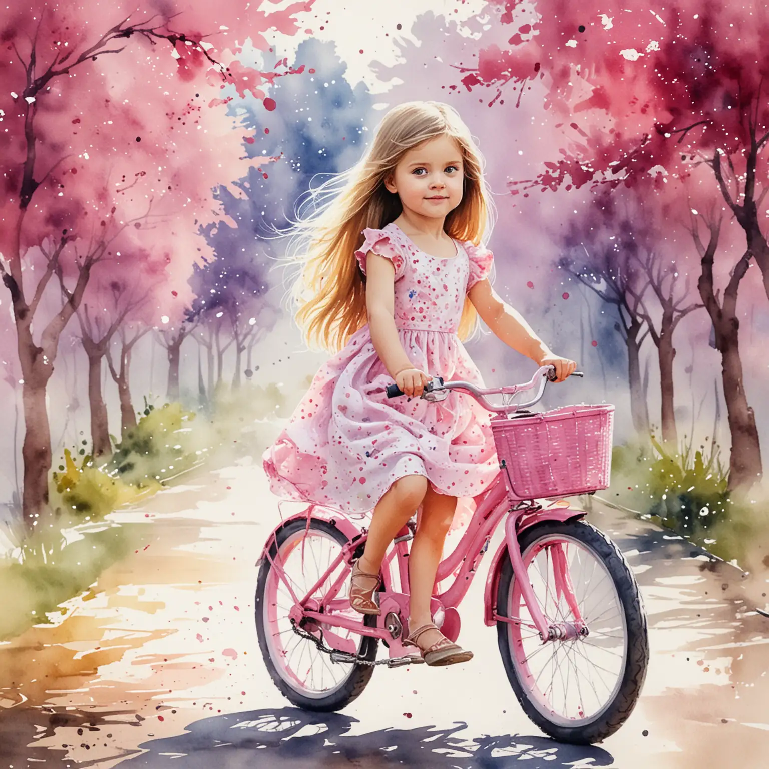 little girl with long hair and a dress riding a pink bike. Watercolor style and splash background