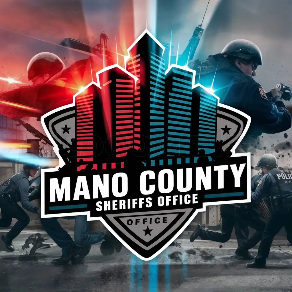 a logo design,with the text "Mano County Sheriffs Office", main symbol:Skyscrapers flashing red and blue lights with an intense battle of police and criminals ,Moderate,clear background