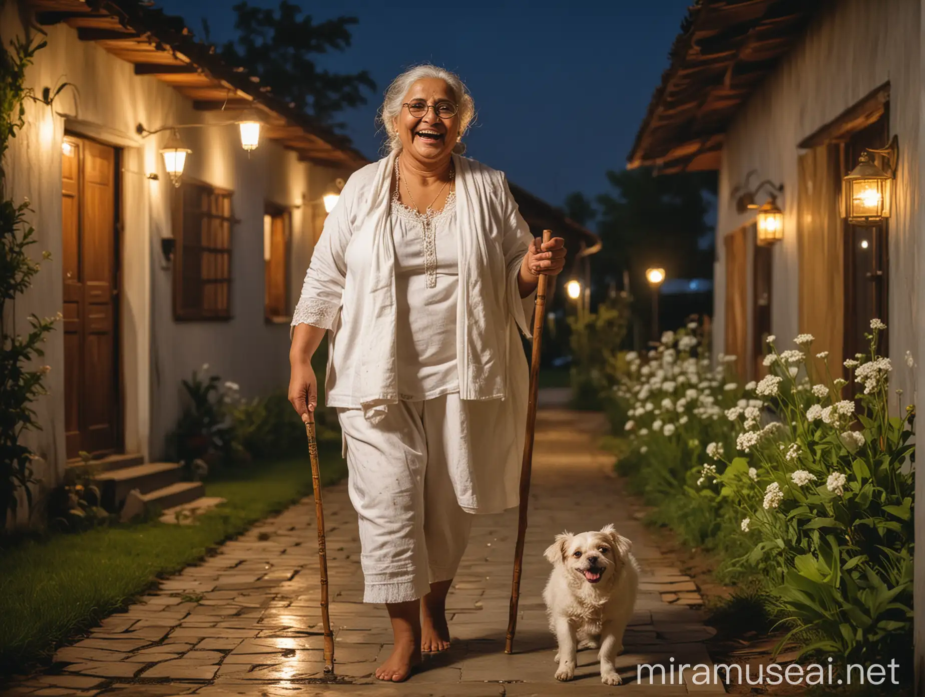 sweet faced old desi  very curvy  fat   woman  with tick hair binding on head walking with a   wooden walking stick wearing   only a white towel  on her body  and a golden neck lace and a spectacles. she is happy and laughing . she is  standing with her dog  . its night  time and in background there is a luxurious farm house  with bulb light and luxurious house   with flowers and grass and concrete floor and it is rainy season . she is wearing golden sleepers on feet.