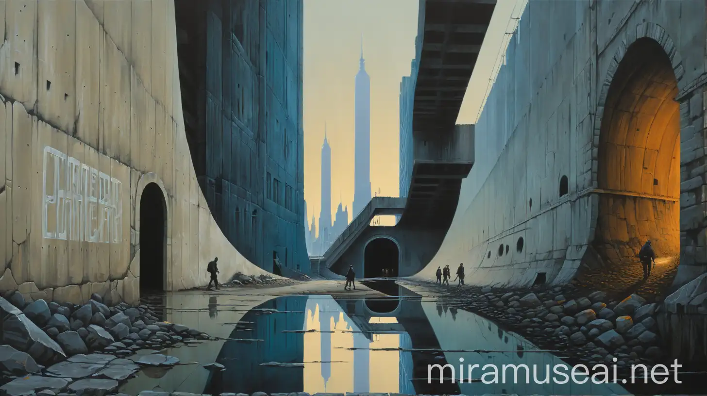 Dystopian Urban Landscape Painting with Tiny Figures Walking Through Tunnel