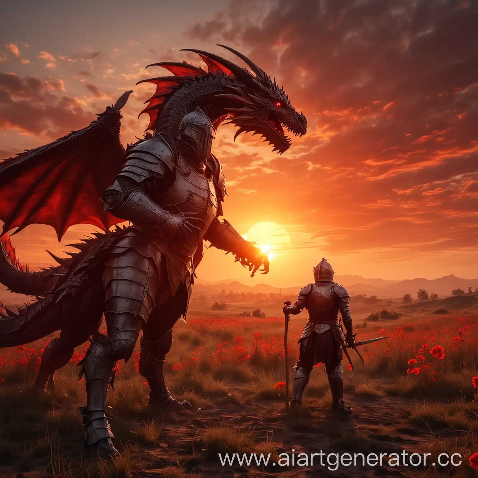 поле, закат, в небе большое красное солнце, стоит рыцарь и дерётся с драконом
