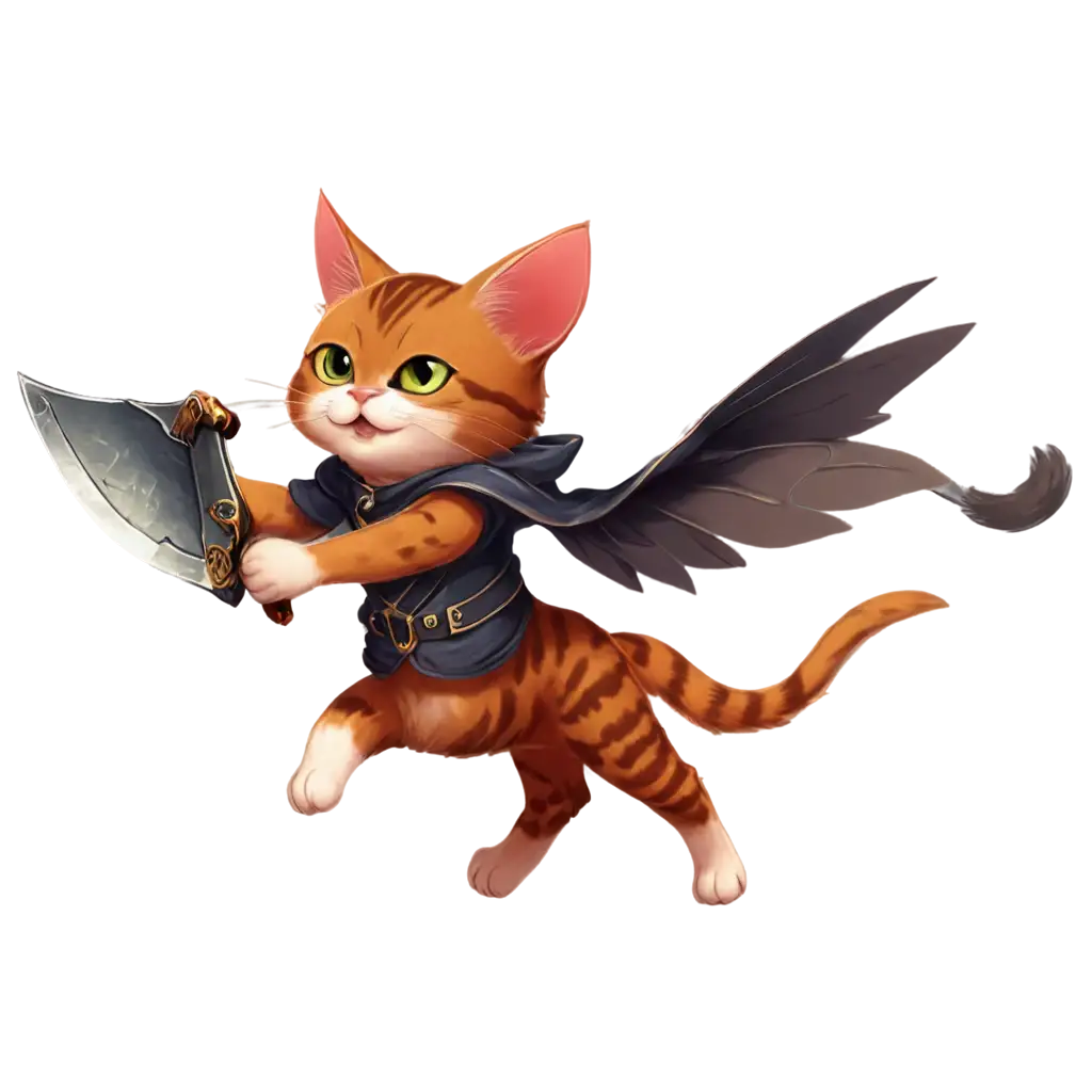 a warrior cat, one hand holding a sword, one hand holding a shield, riding on the back of a winged mouse flying in the sky