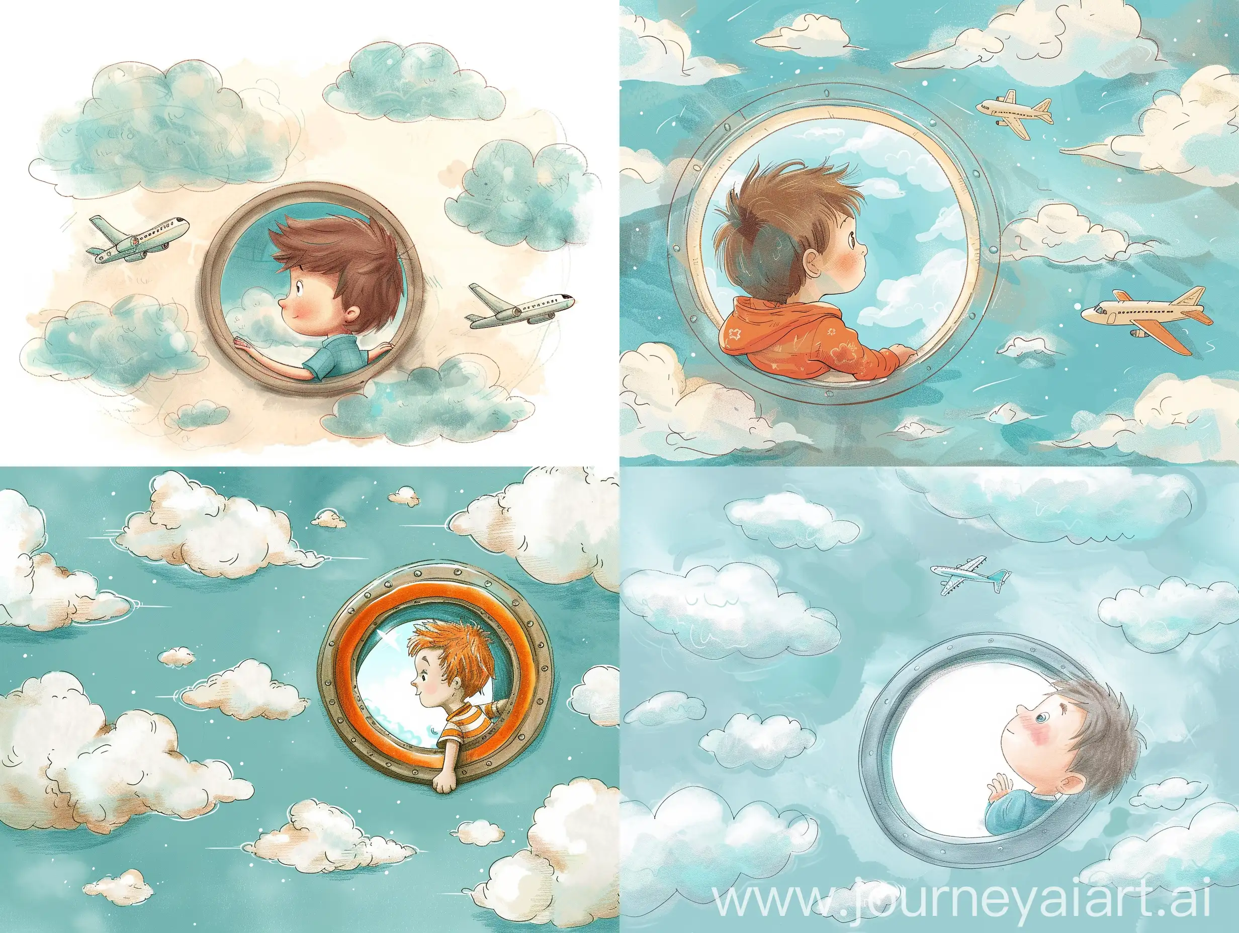 Нарисуй маленького мальчика который летит на самолете и смотри в иллюминатор, за окном проплывают облака , в стиле детской книжной иллюстрации