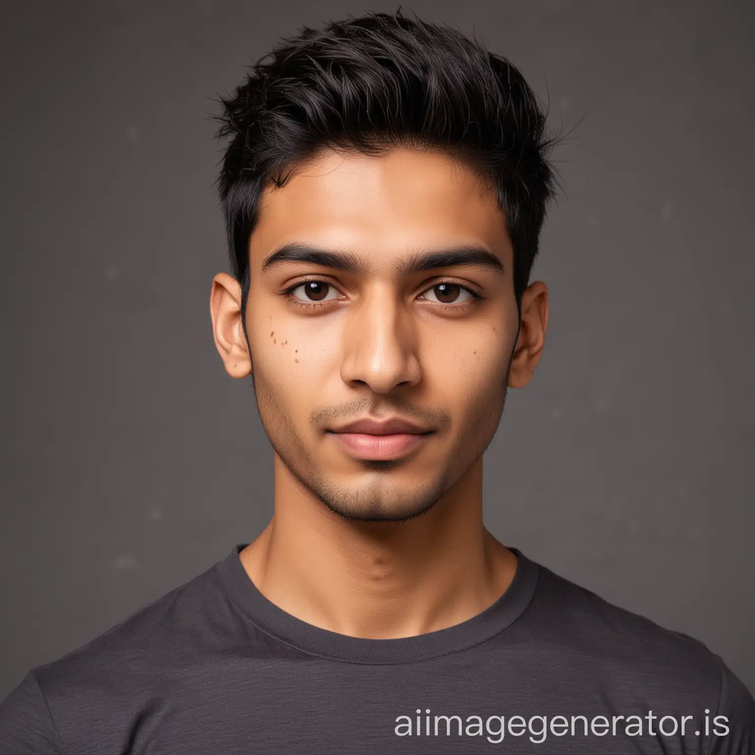 27-year-old Indian male with light brown skin tone, slightly acne-scarred fair skin, and a skinny neck, posing for a LinkedIn profile picture in a professional manner, wearing a well-fitted t-shirt and sporting a one-side cropped hairstyle.