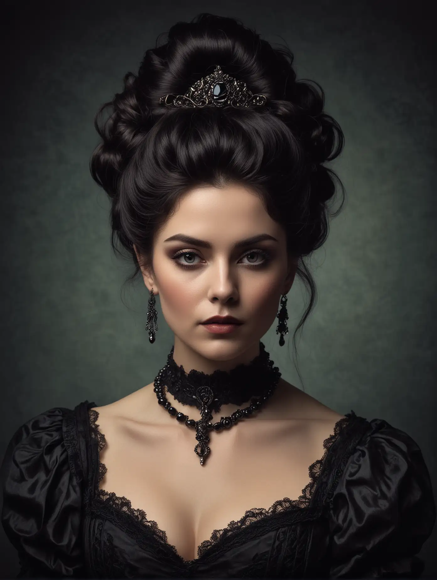 Beautiful Victorian era woman portrait, dark hair in voluminous updo, dark jewelry, gothic vibe
