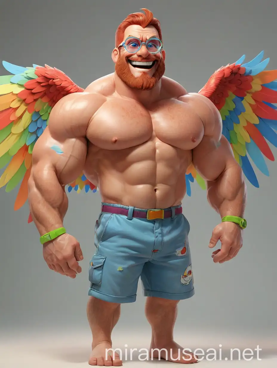 Vibrant Bodybuilder Dad with Rainbow Eagle Wings and Doraemon Goggles