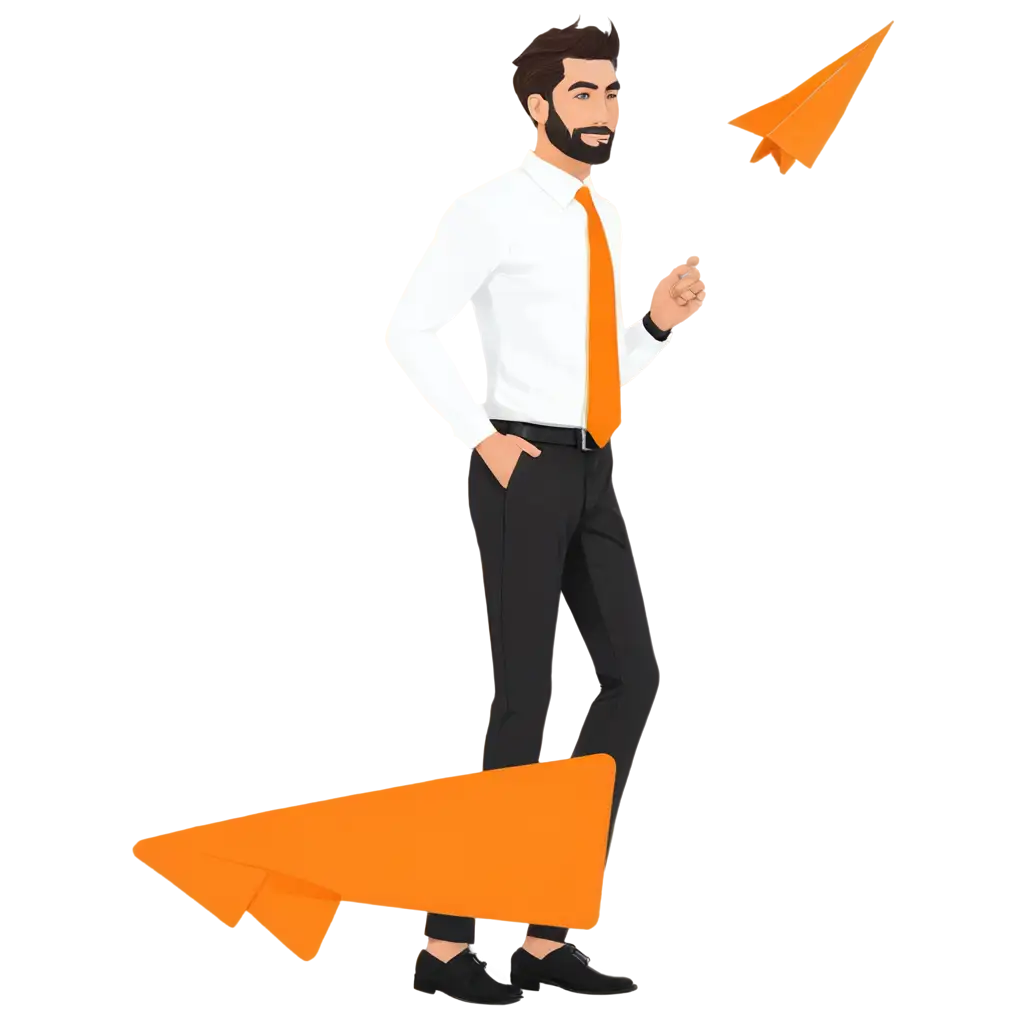 Funny-Cartoon-Men-in-White-Shirt-and-Orange-Tie-on-Orange-Paper-Plane-PNG-Image