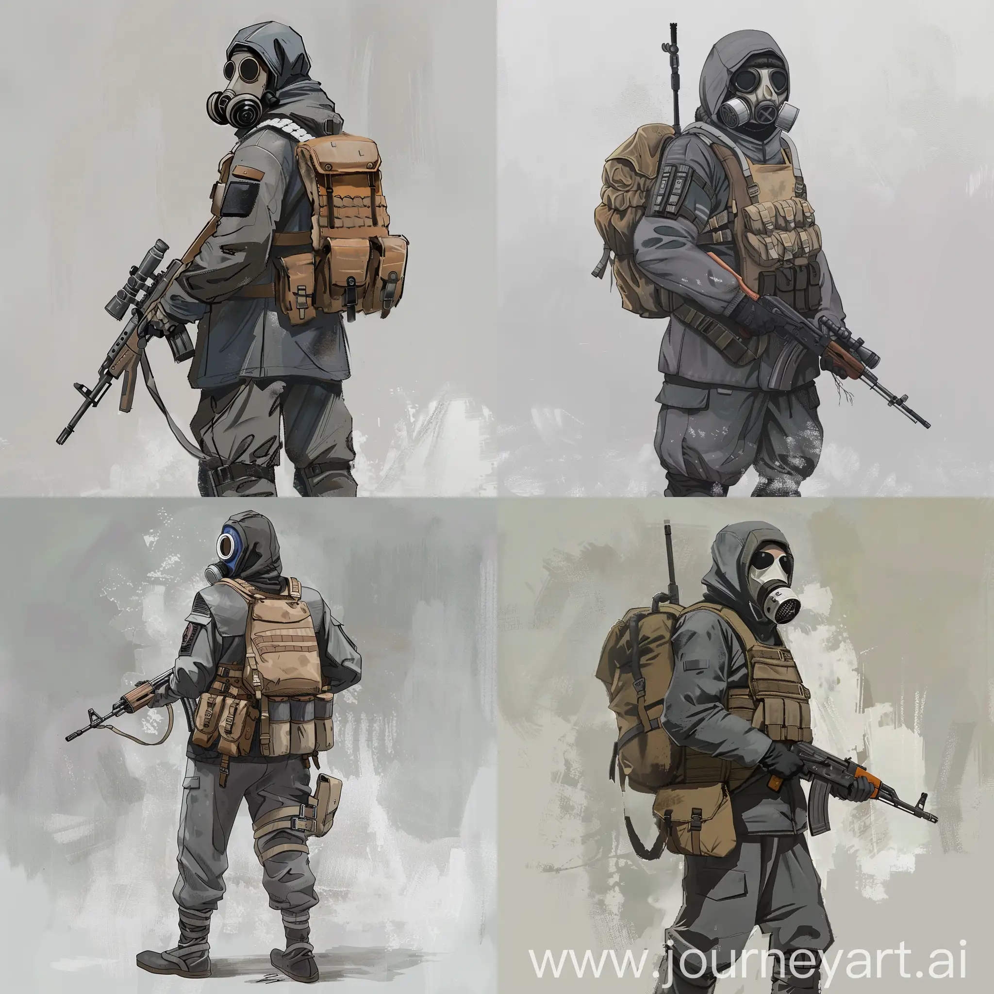 Stalker character concept art, gasmask, gray russian spetsnaz uniform, small backpack on the back, soviet army old vest, sniper rifle in the hands, digital concept art