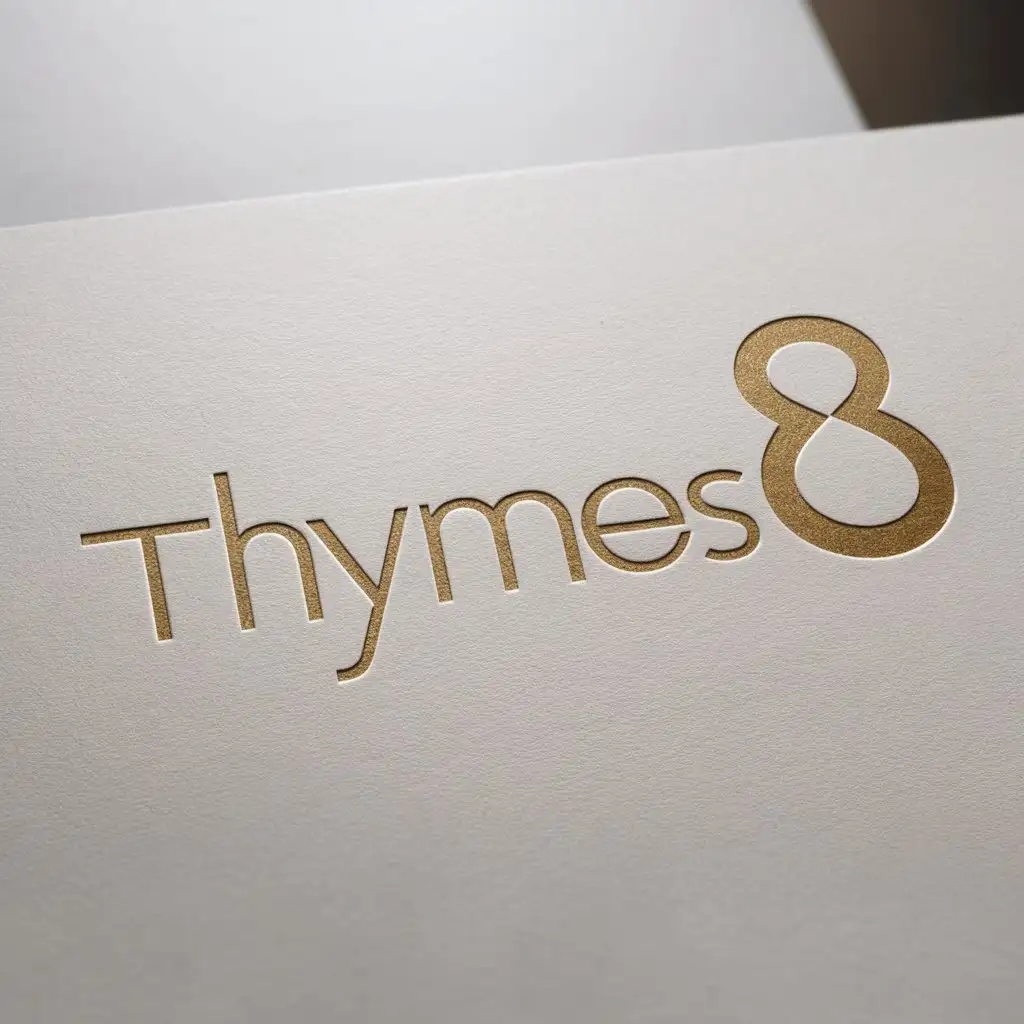 a logo design,with the text "THYMES8", main symbol:this logo should modern clean minimalist wordmark. preferred color is gold. must be a white paper mockup,Moderate,clear background