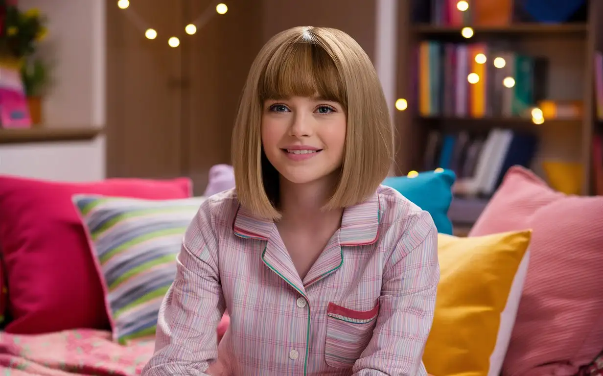A young Emma with a straight blonde bob haircut, chin-length, with blunt ends and a full fringe covering the forehead, wearing a pajama, in her room