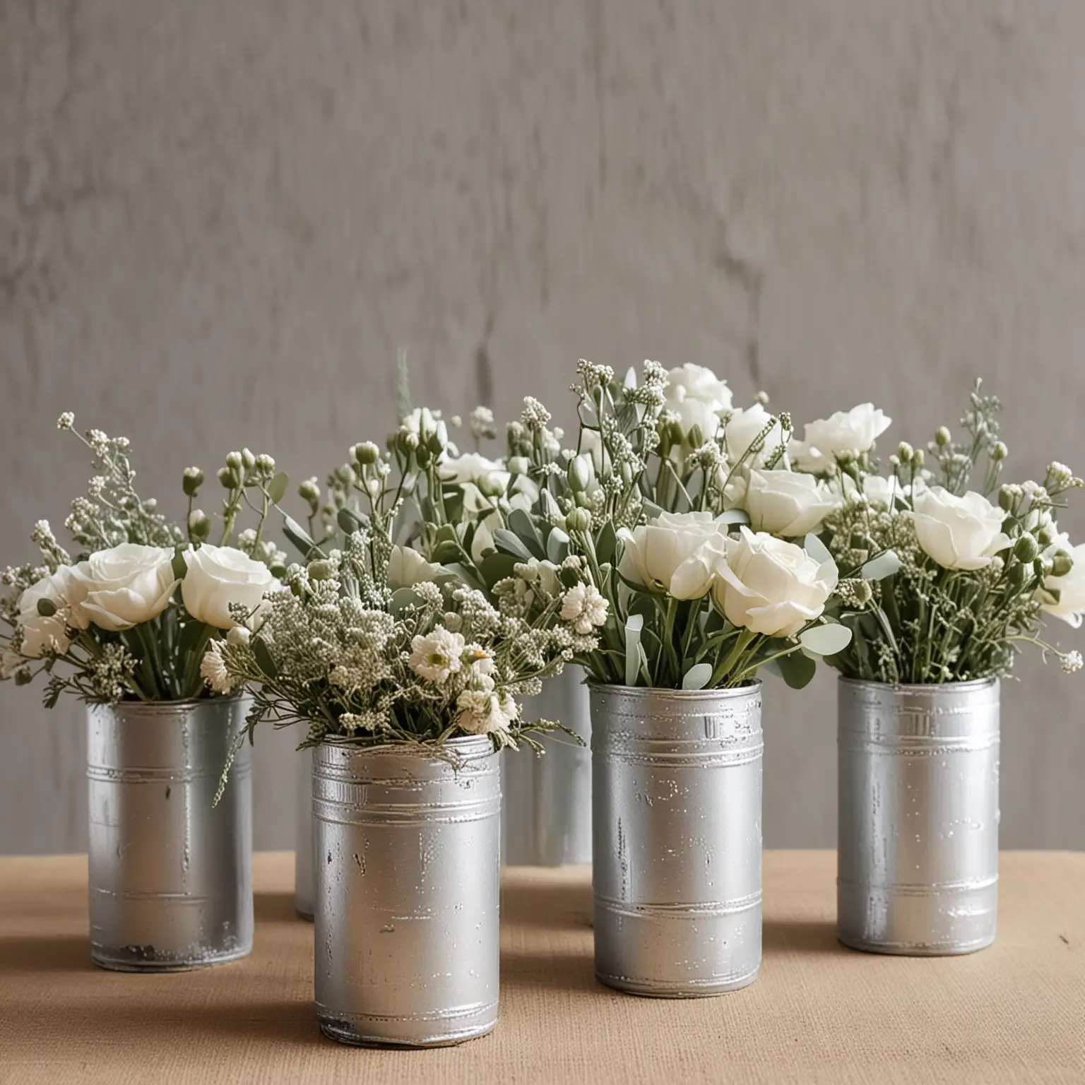 unique diy small wedding centerpiece for a boho theme using cylinder vases covered with boho silver paint and filled with simple easy diy bouquets