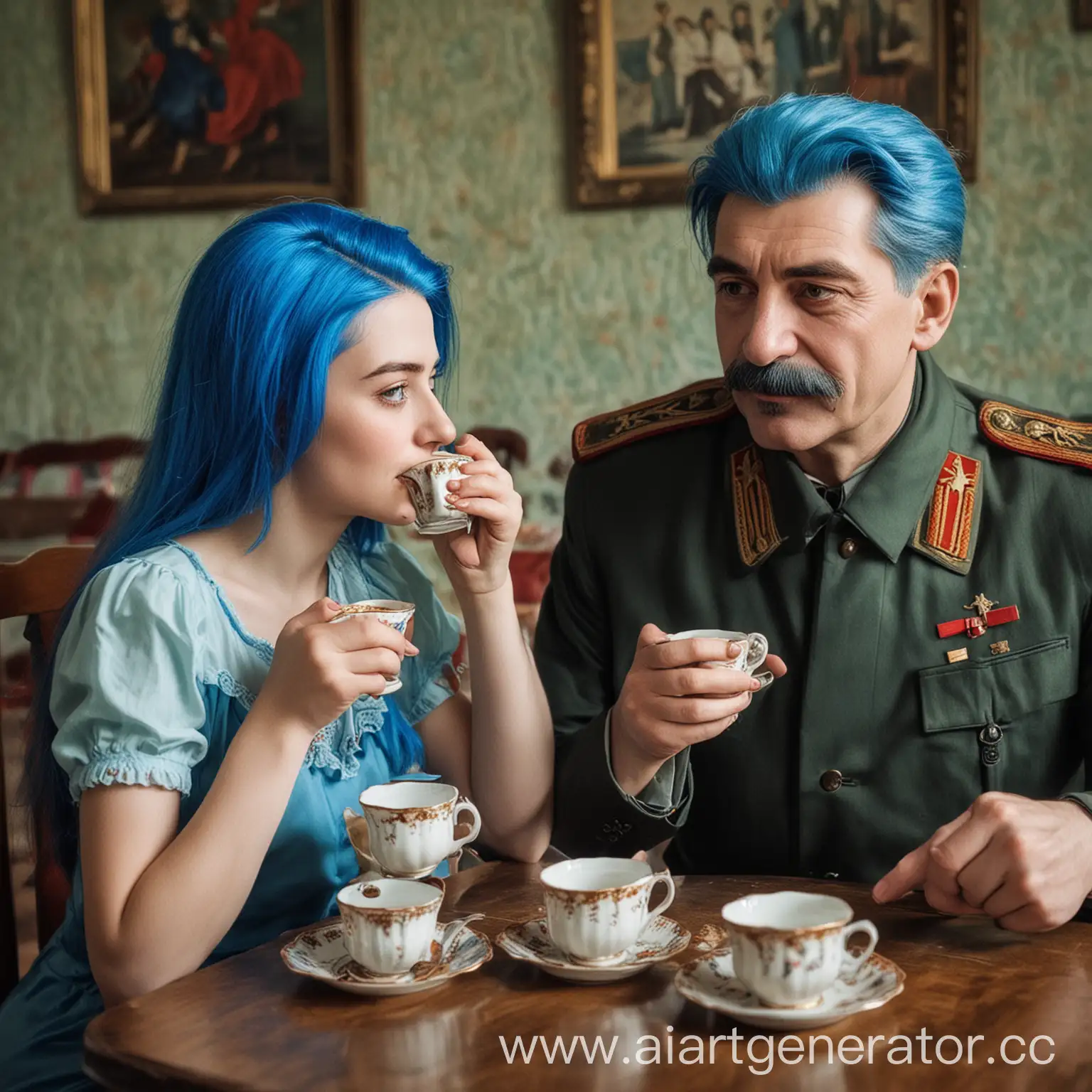 Сталин и девушка с синими волосами пьют чай