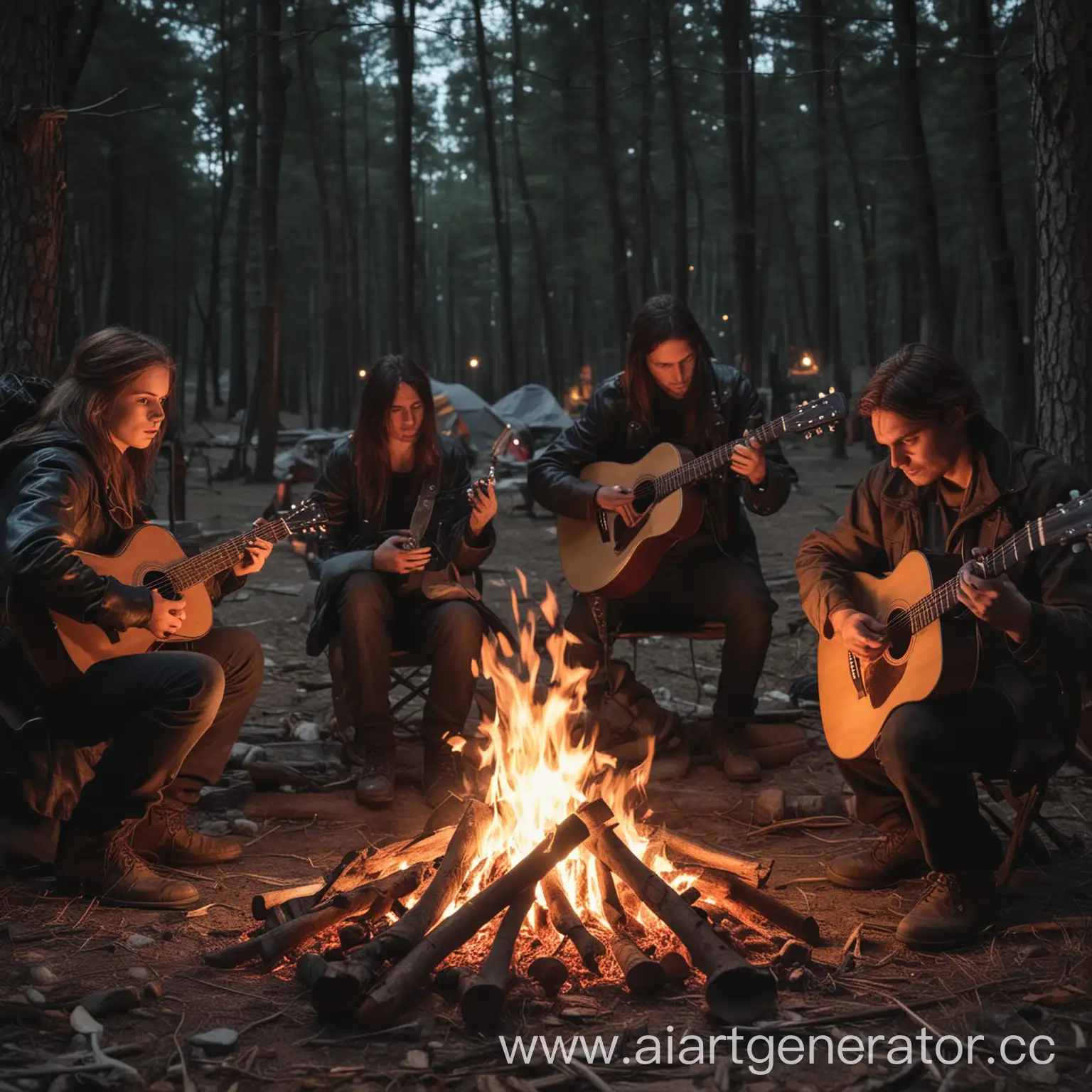 Nighttime-Gathering-Stalkers-Playing-Guitar-around-Campfire
