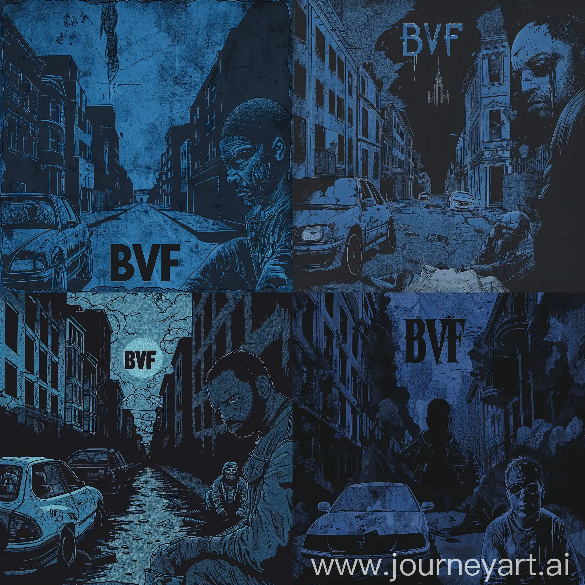 Обложка для реп альбом в стиле готики с преобладающим цветов темно синим без зданий с надписью BVF машина слева справа бездомный мужчина у которого не видно лицо