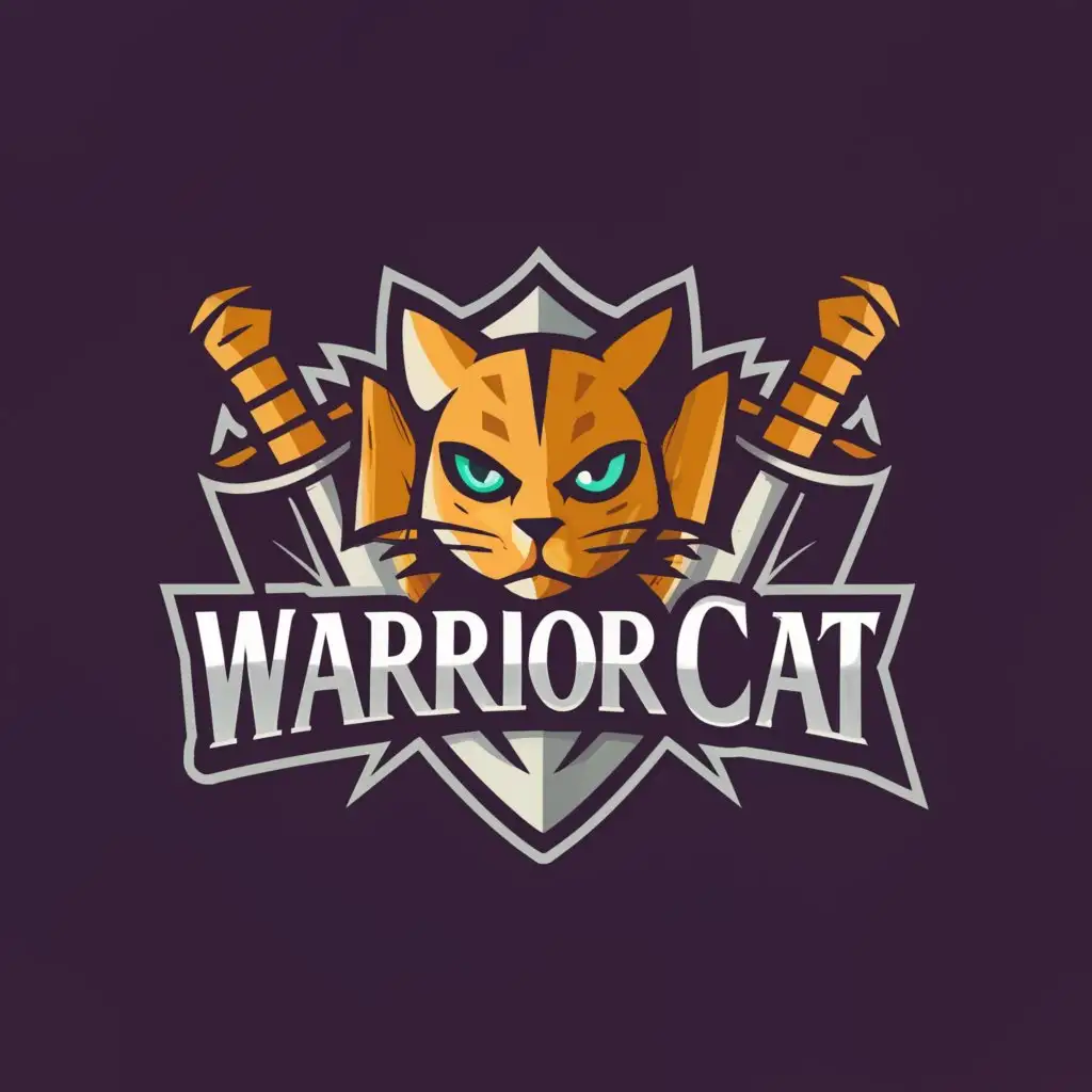 a logo design,with the text "Warrior cat", main symbol:sword and shield,Moderate,be used in pixel art industry,clear background