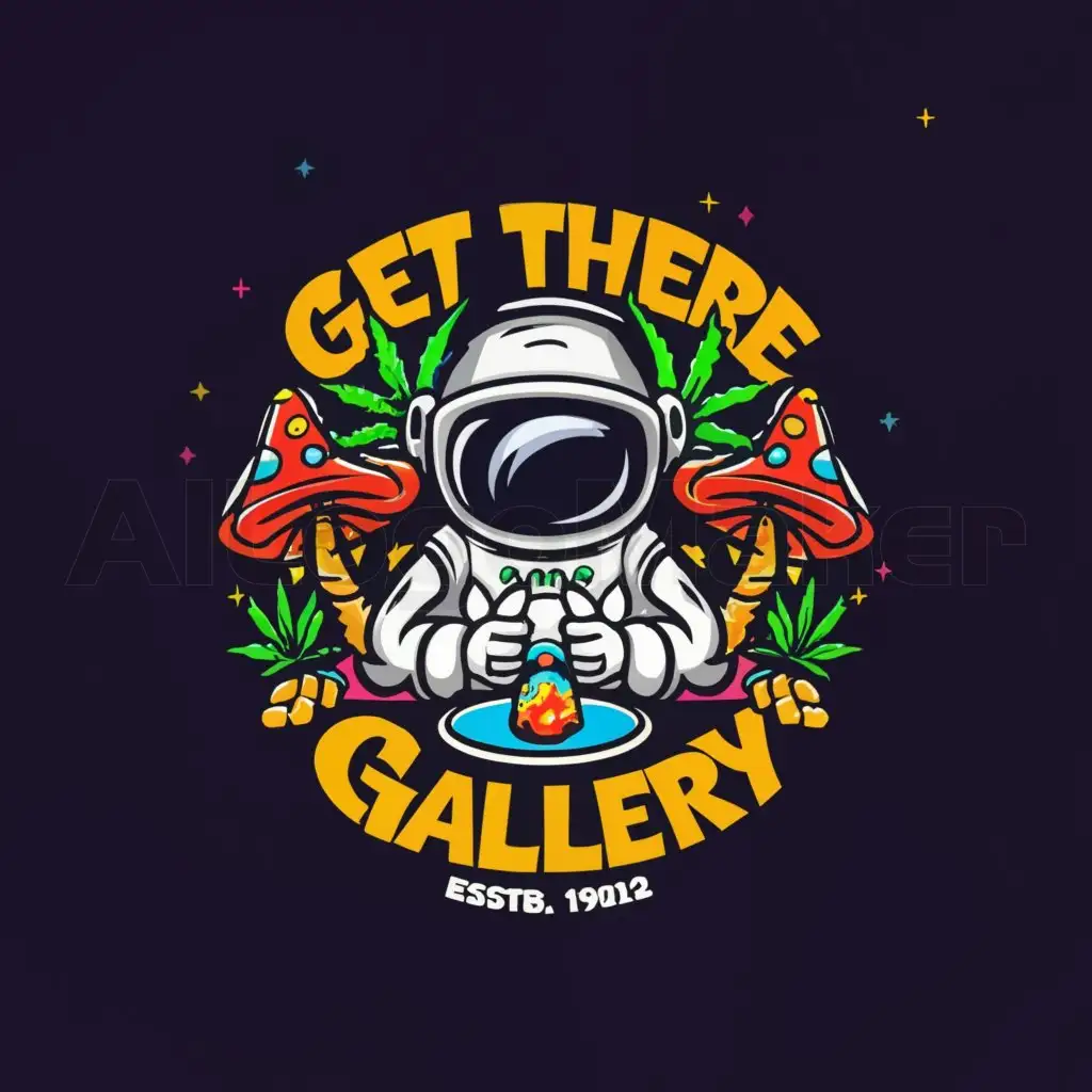 a logo design,with the text "Get There Gallery", main symbol:A highly detailed weed inspired background with a cartoon astronaut holding shrooms, a joint, and pills,complex,be used in Others industry,clear background