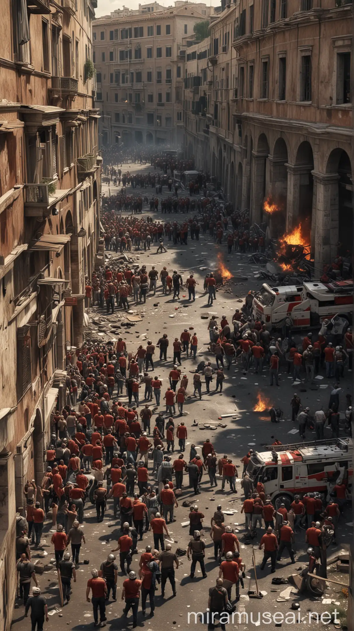 Scene of riots and unrest in Rome. hyper realistic