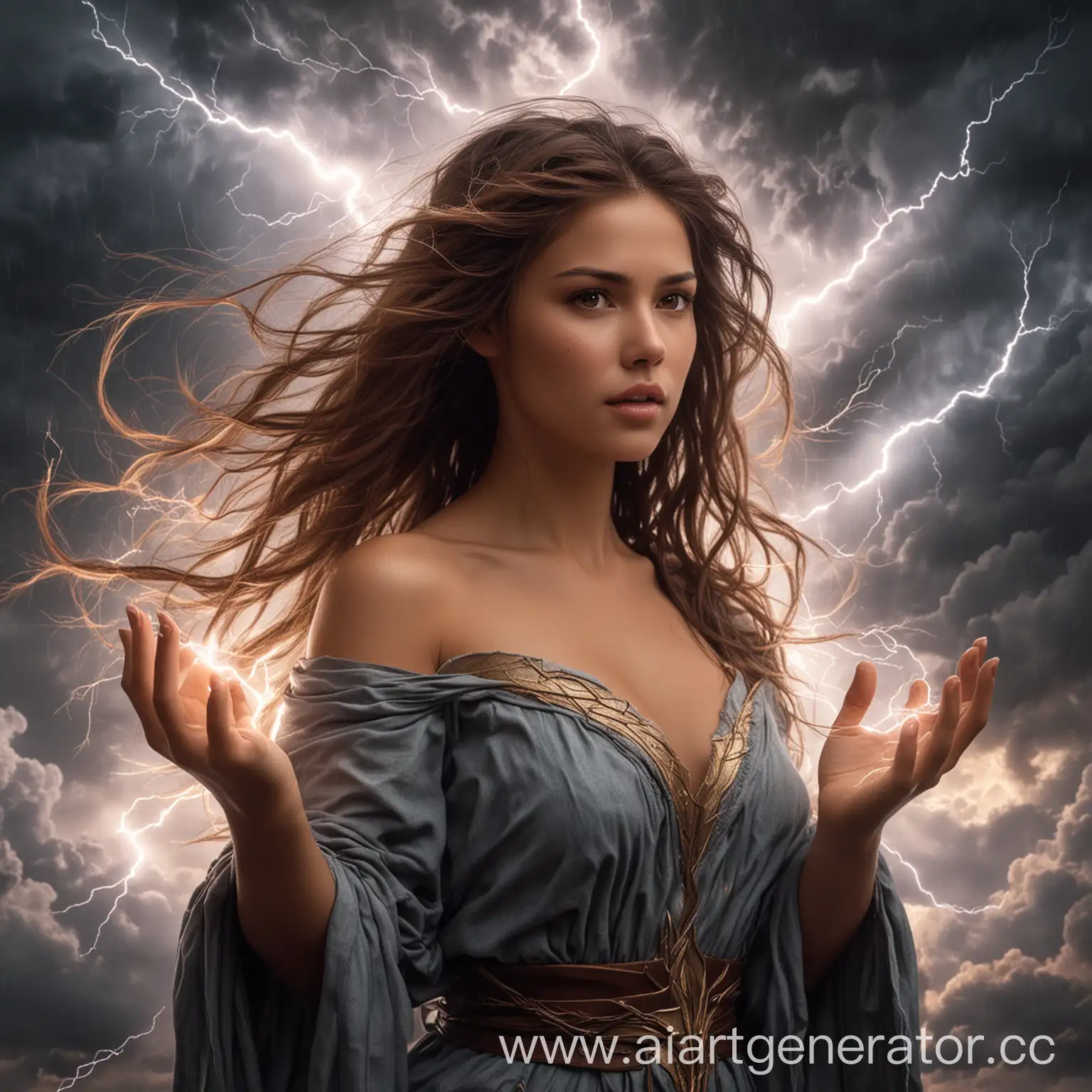 Богиня молнии и грома, серые облака и молнии, коричневые средней длины волосы и коричневые глаза, держит в руках молнии 
