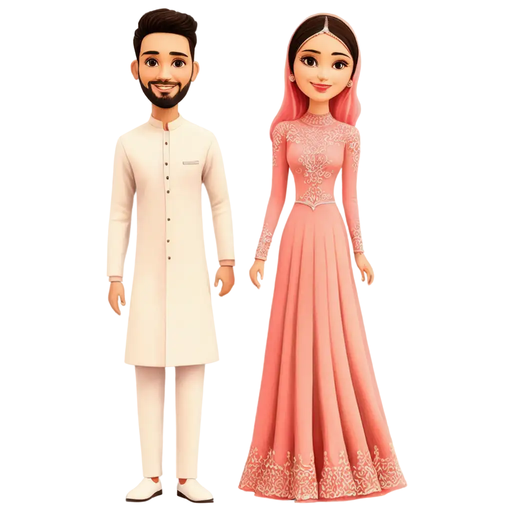 Cute Muslim weeding caricature groom in indo salwar kamez and bride in gown