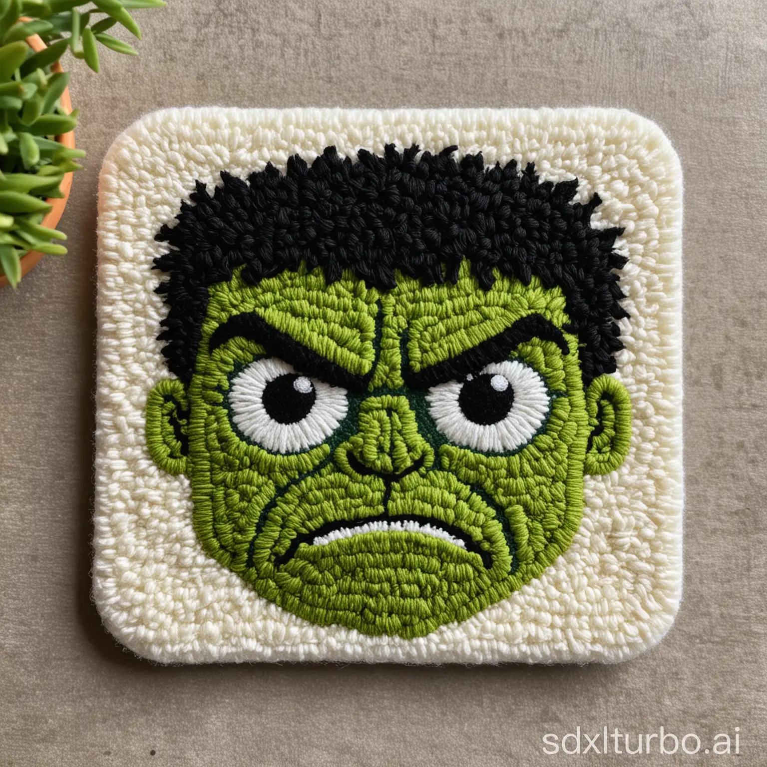 Hulk punch needle coaster, fluffy, normal eyes, realistic