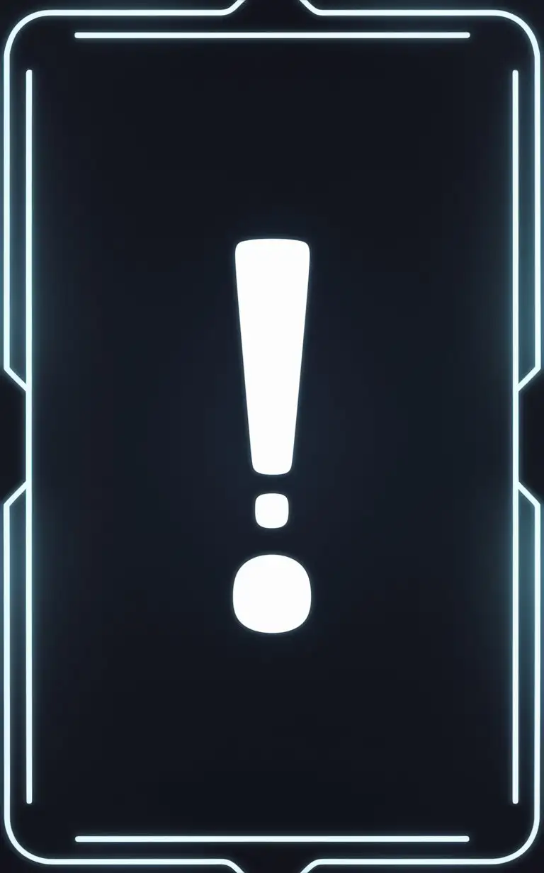 A minimalist cyberpunk MAGIC style card frame with neon decorated borders and with a big white exclamation point as monster image