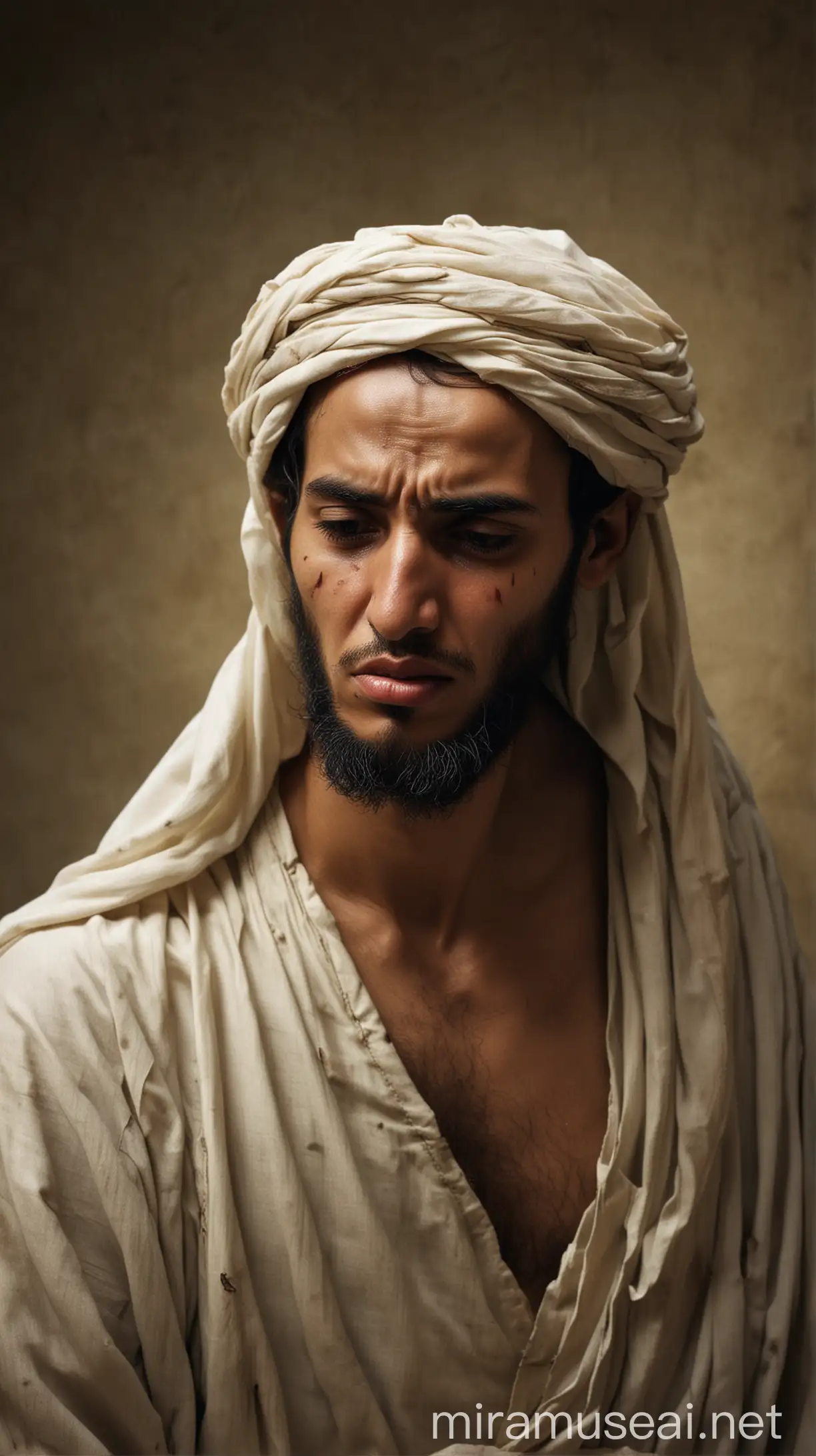 The Prophet Muhammad in Distress: Generate an image of Prophet Muhammad (peace be upon him) during the period of affliction, showing him in a state of physical and mental distress. The image should convey his suffering through facial expressions and body language, while also depicting his unwavering faith and resilience.
