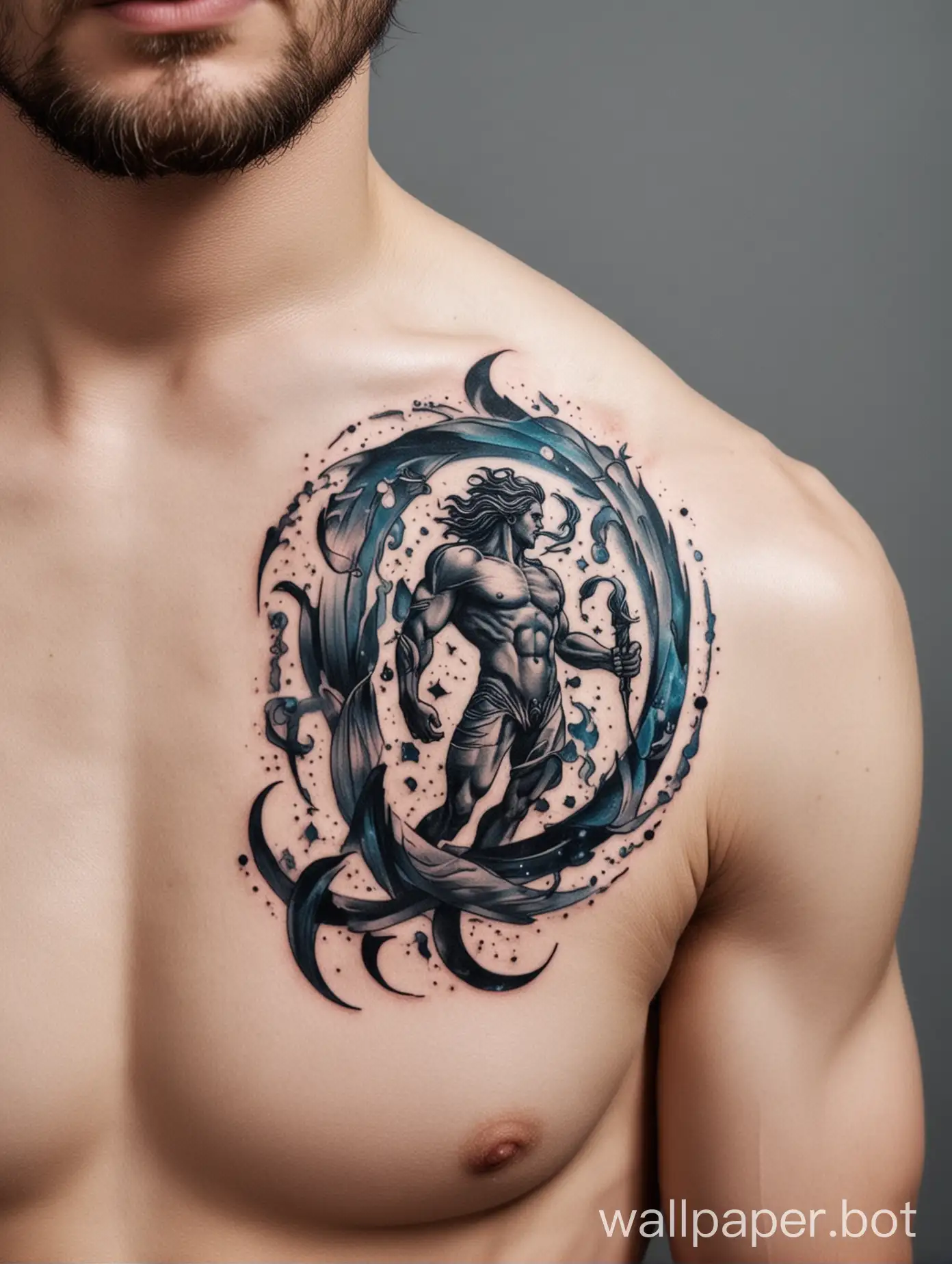 male Aquarius tattoo on the shoulder is not colored in the minimalism style