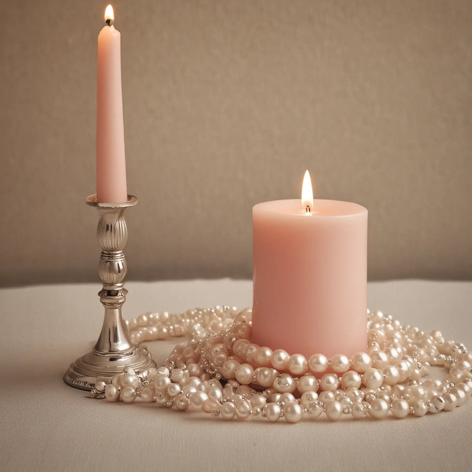 simple vintage centerpiece with blush pink pillar candle and a strand of ivory pearls; nothing else in photo; keep the background neutral