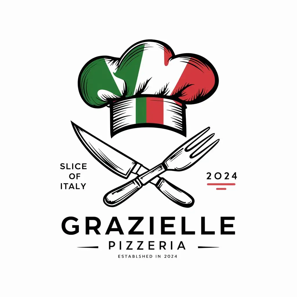 GRAZIELLA Pizzeria logo, Italian colors, Sketched Chef's hat, Crossed knife and fork, Slogan, Slice of Italy, EST 2024, Sharp style