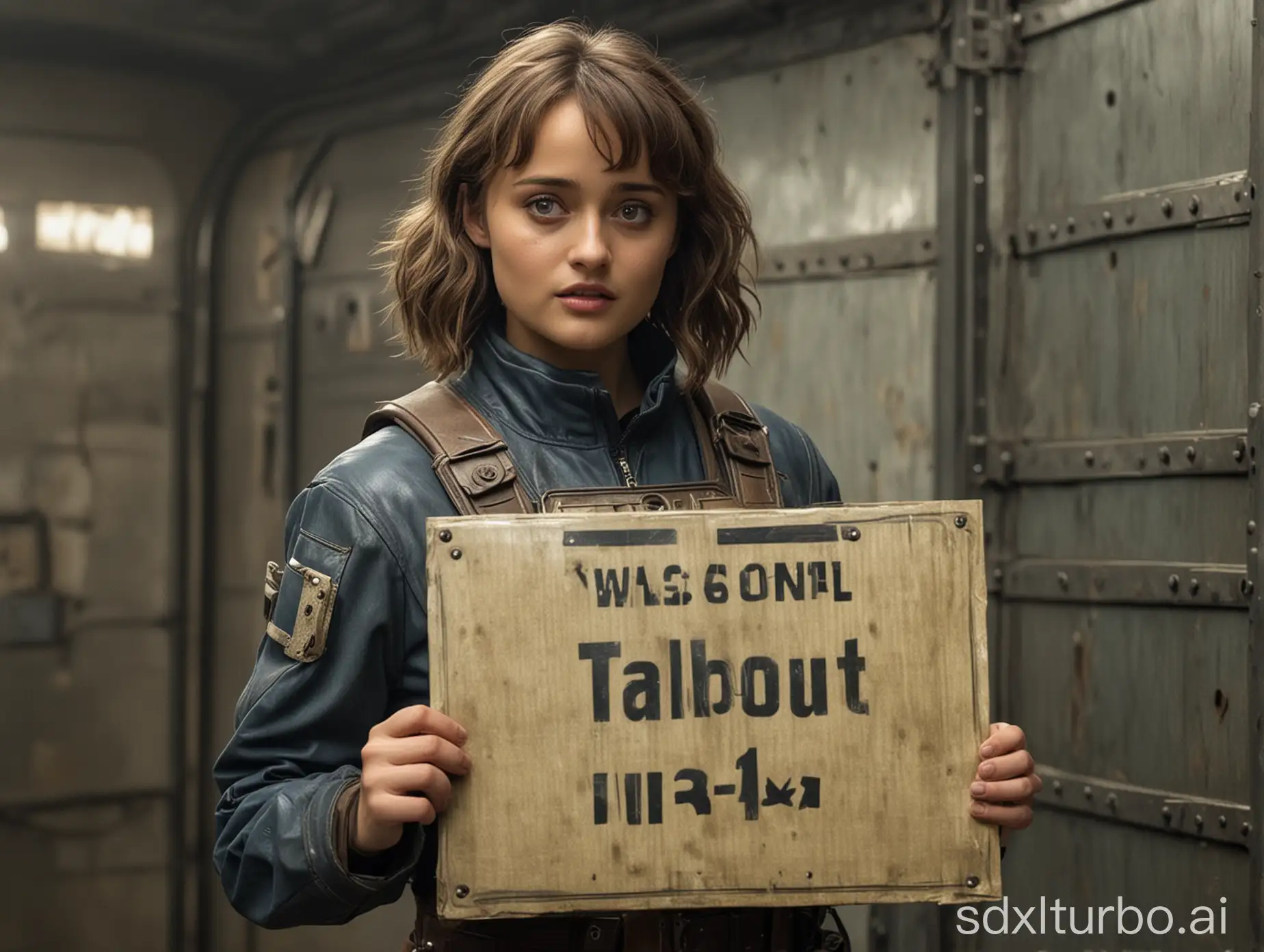 Ella-Purnell-Portrays-Lucy-from-Fallout-in-Vault-Suit-Holding-Blank-Sign