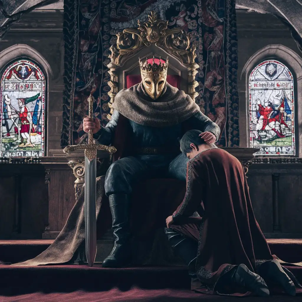 欧洲中世纪的国王，端坐在华丽的宝座上，带着黄金面具，手里拿着黄金剑，指定他的下一任王储，王子跪在地板上，等待指令