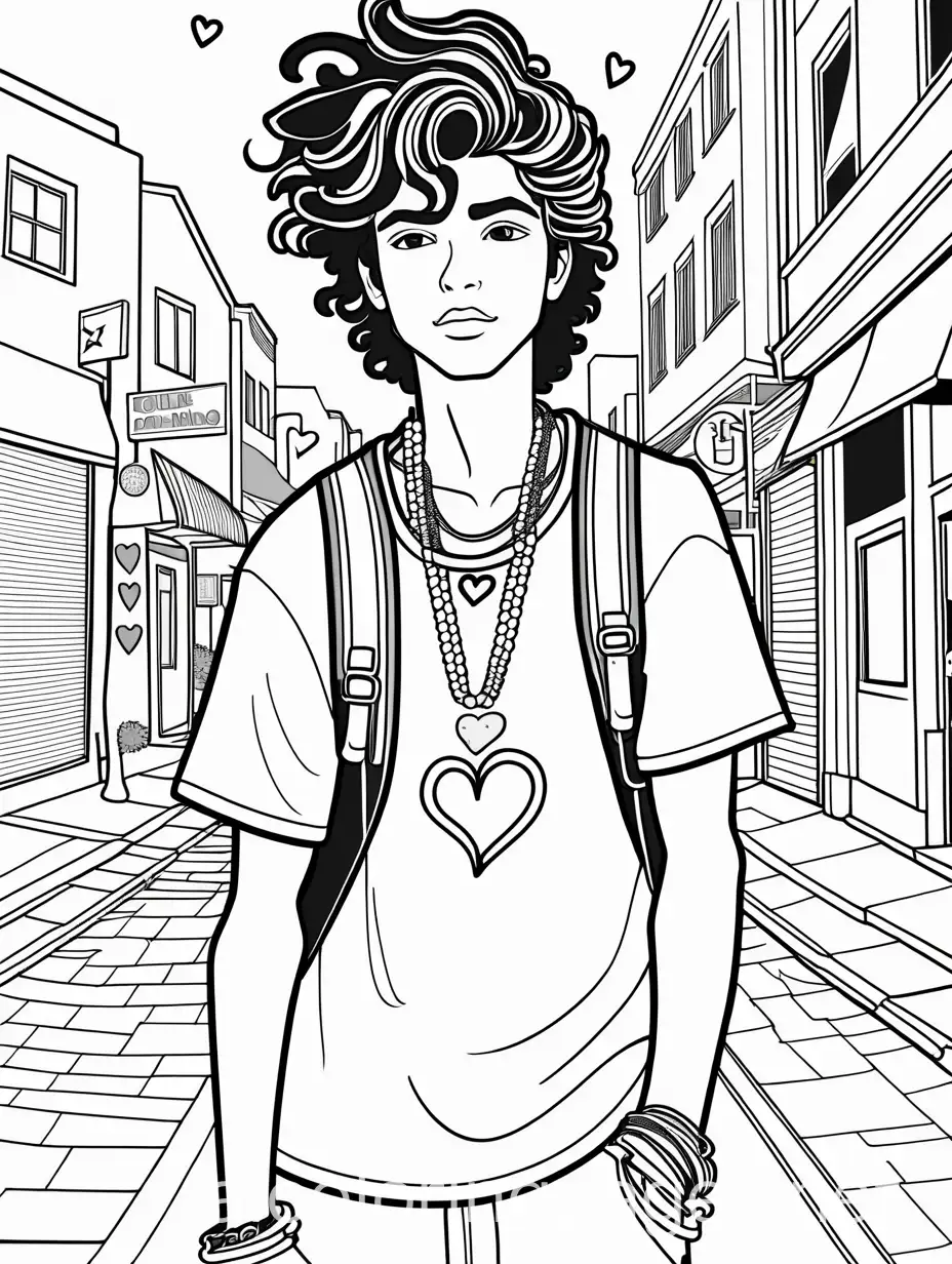 teenage boy, dressed in an 80s-inspired outfit with a variety of textures, he's adorned with many bracelets, necklaces and hair clips, he has hearts and stars stickers under his eyes and is wearing Mary Jane shoes, posing in a lively street scene, Coloring Page, black and white, line art, white background, Simplicity, Ample White Space.