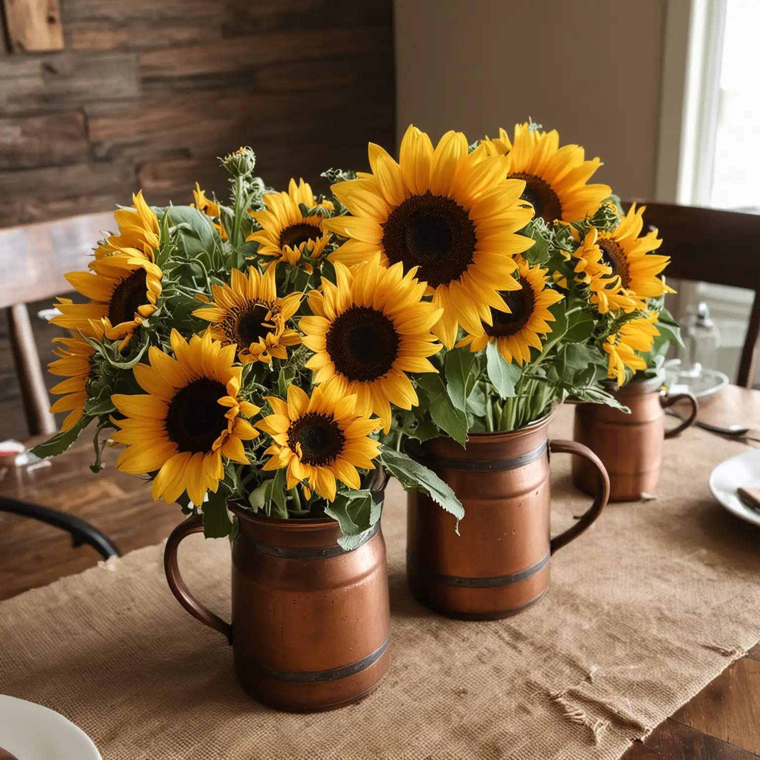 a simple and small rustic centerpiece with sunflowers in rustic copper mugs