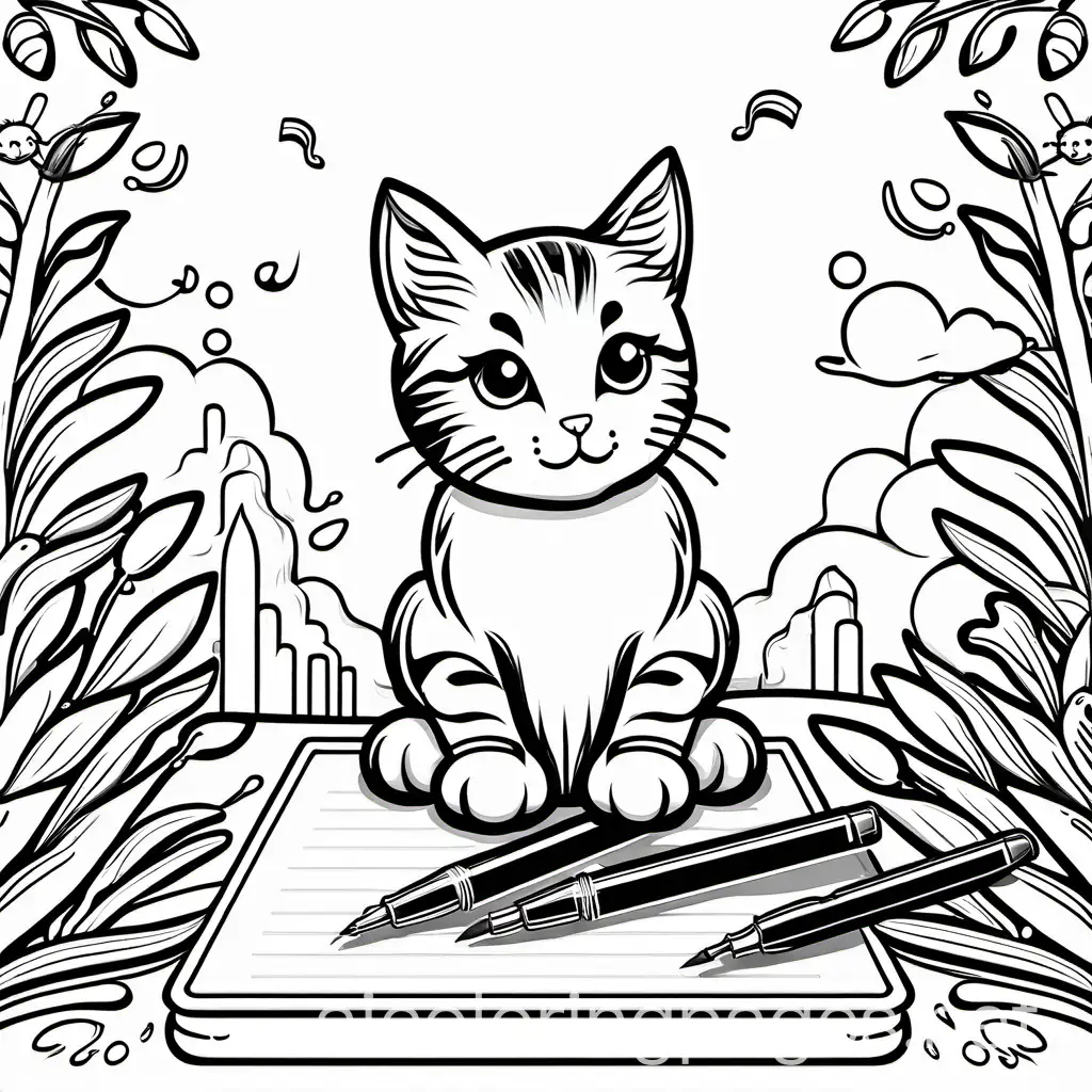 a cute tabby cat surrounded by fountain pens and fountain pen ink, Coloring Page, black and white, line art, white background, Simplicity, Ample White Space. The background of the coloring page is plain white to make it easy for young children to color within the lines. The outlines of all the subjects are easy to distinguish, making it simple for kids to color without too much difficulty