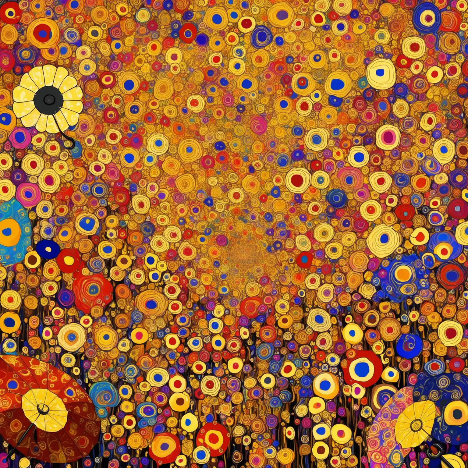 BACKGROUND IN STYLE OF KUSTAZ KLIMT AND JACKSON POLLOCK PSYCHEDELIC, CRAZY BACKGROUND GOLD MESSY,     FLOWERS  SPIRAL SUMMER OF LOVE, MORE FLOWERS MORE FLOWERS , UMBRELLAS 

