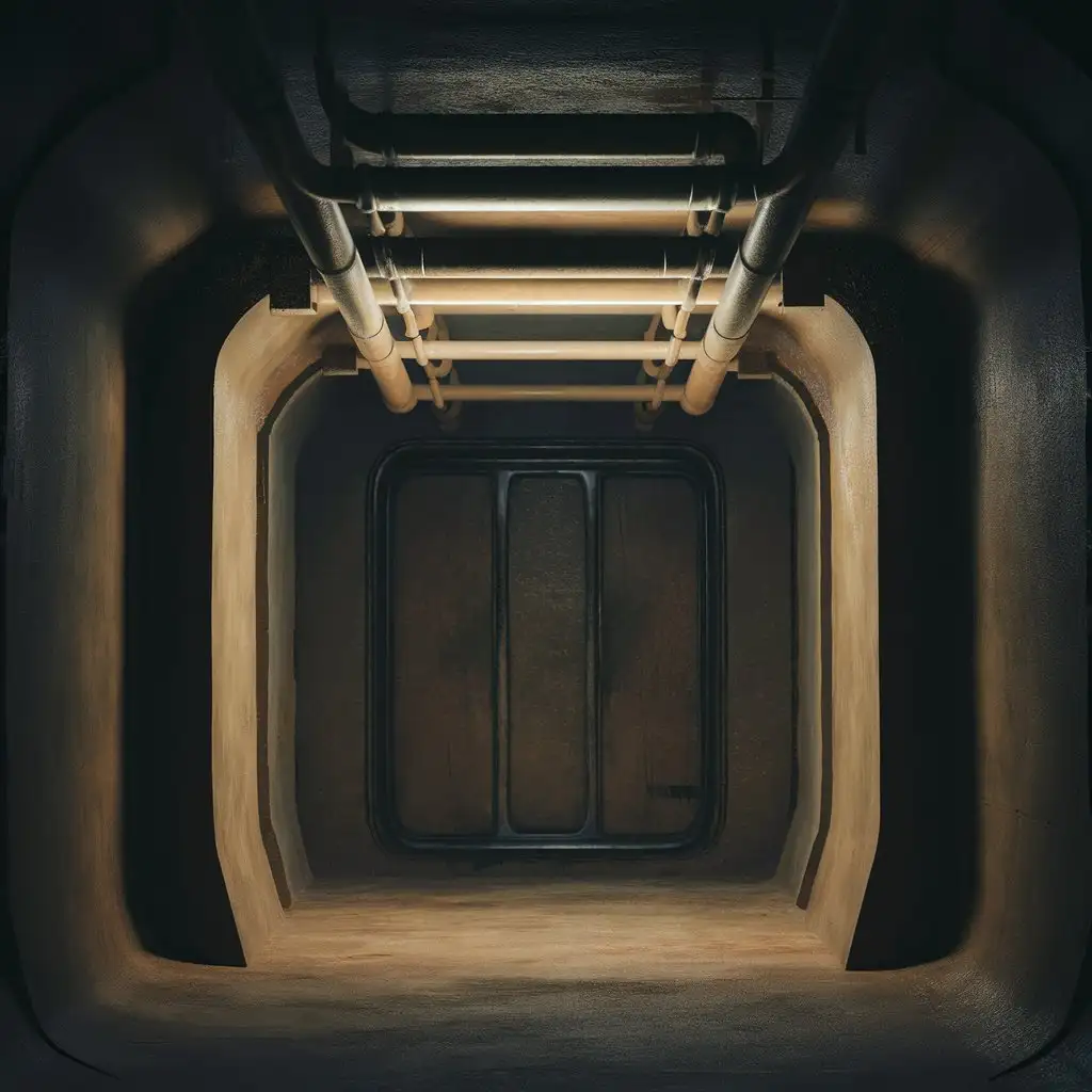 На картинке показан коридор  в простой 3д анимации, видны трубы с верху, тон картинки темный, стены темно-коричневые, локация старого космического корабля.