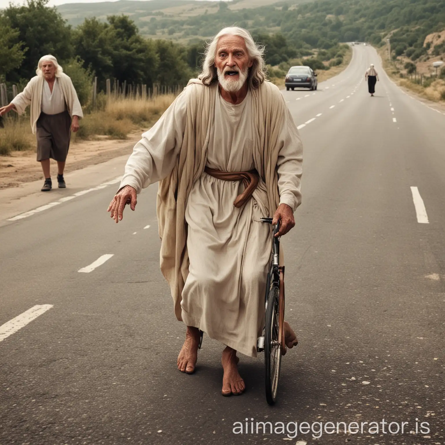 Jesus saving old people on the road