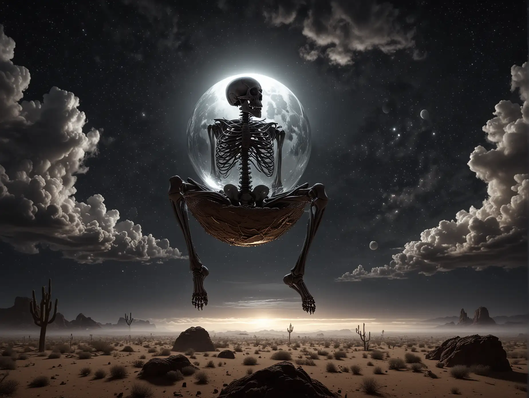 ULTRA REALISTIC high definition, one skeleton is flying high through the night skies of the Sonoran desert, sitting on its silver ball, full body, it flies among the clouds, riding its orb (ball) between its legs and sitting on it with it between its thighs (skeleton grips the ball with its thighs) flying high through the night sky racing through the clouds on a dark moonlit night with the orb tightly gripped between its legs, in cinematic lighting