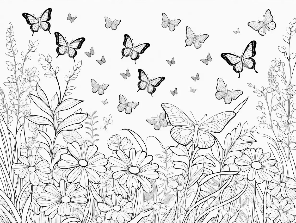 field of butterflies, Coloring Page, black and white, line art, white background, Simplicity, Ample White Space. The background of the coloring page is plain white to make it easy for young children to color within the lines. The outlines of all the subjects are easy to distinguish, making it simple for kids to color without too much difficulty