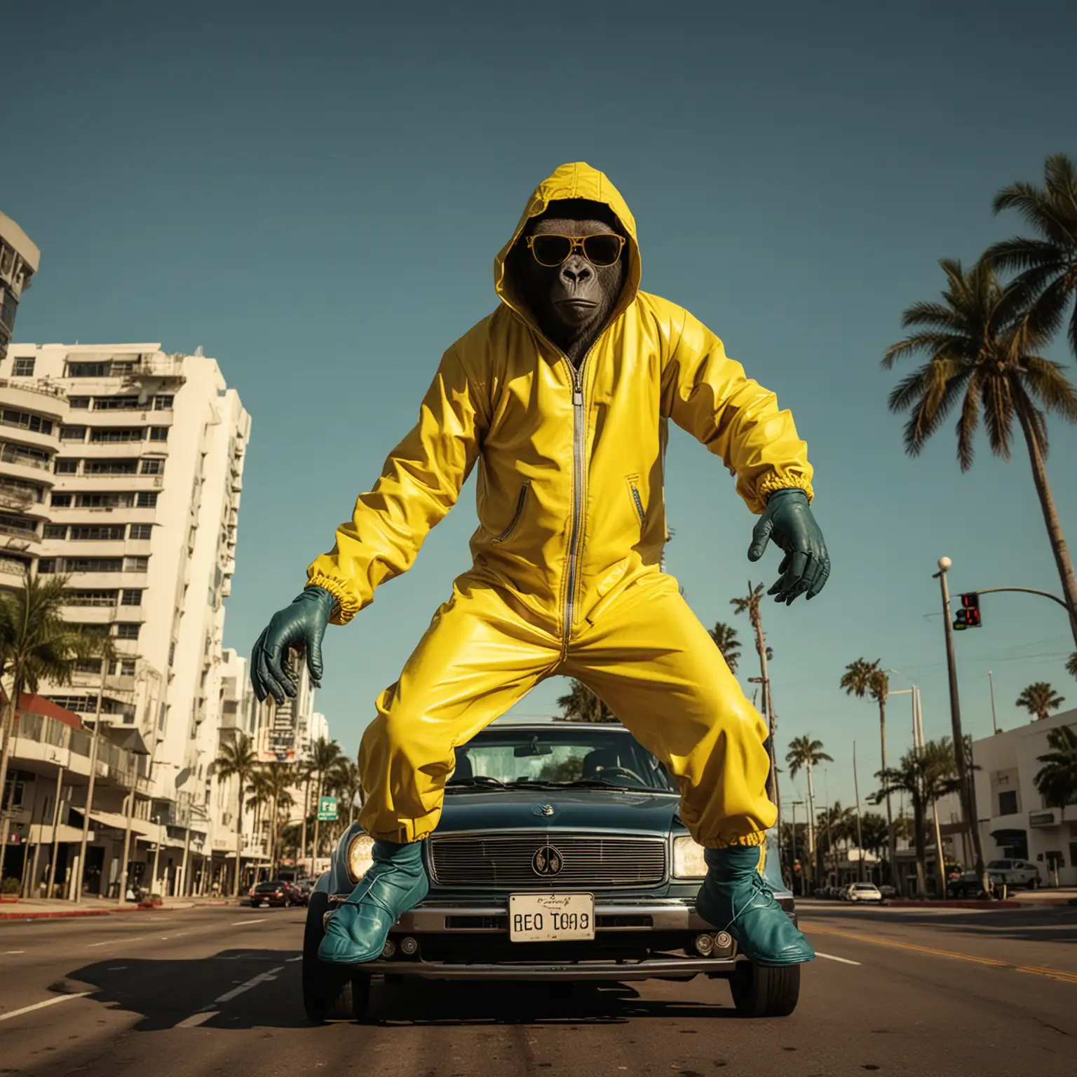 Miami Sunset Gorilla Breaking Bad Jumpsuit Stunt on Car